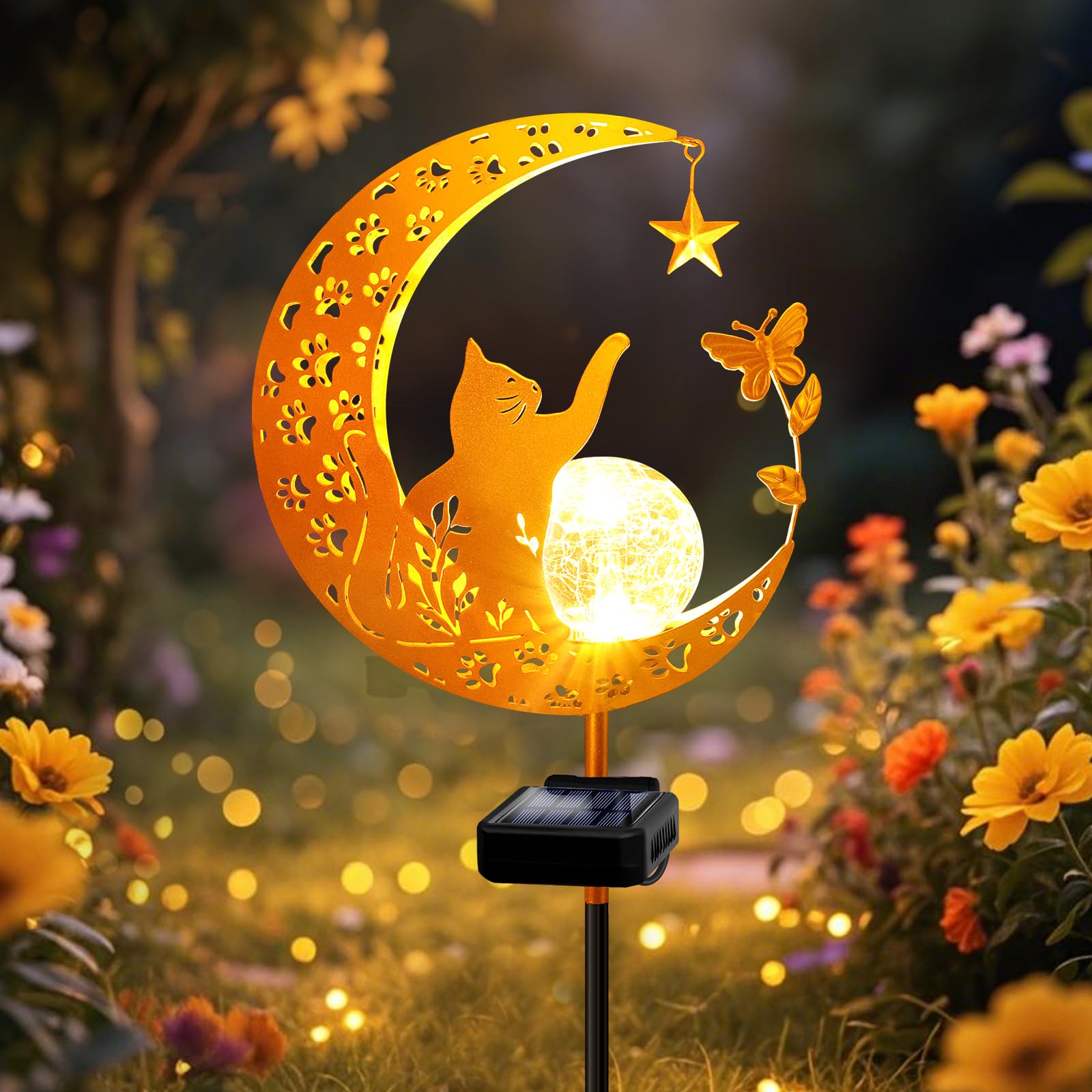 Solarleuchten Outdoor Dekorative Mond Katze Solar Pfahl Lichter Gartenarbeit Geschenke für Frauen Garten Ornamente Wasserdicht für Gehweg, Hof, Rasen, Terrasse