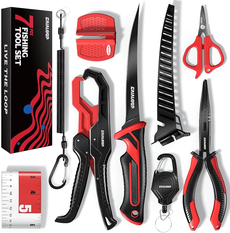 Kit de herramientas de pesca, kit de alicates de pesca de 7 piezas con cuchillo de filete, alicates de anillo dividido, tijeras de trenza, pinza para peces, regla, afilador y cordón, equipo de pesca de agua salada y agua dulce y regalos de pesca para hombres