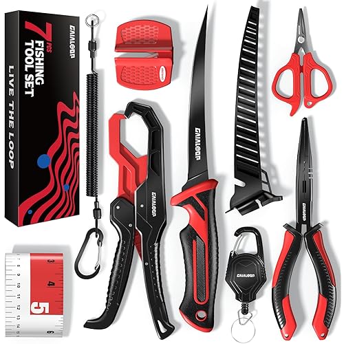 Fishing Tools Kit, 7pc Fishing Pliers Kit with Fillet Knife, Split Ring Pliers, Braid Scissors, Fish Gripper, Ruler, Sharpener & Lanyard, Saltwater & Freshwater Fishing Gear & Fishing Gifts for Men
