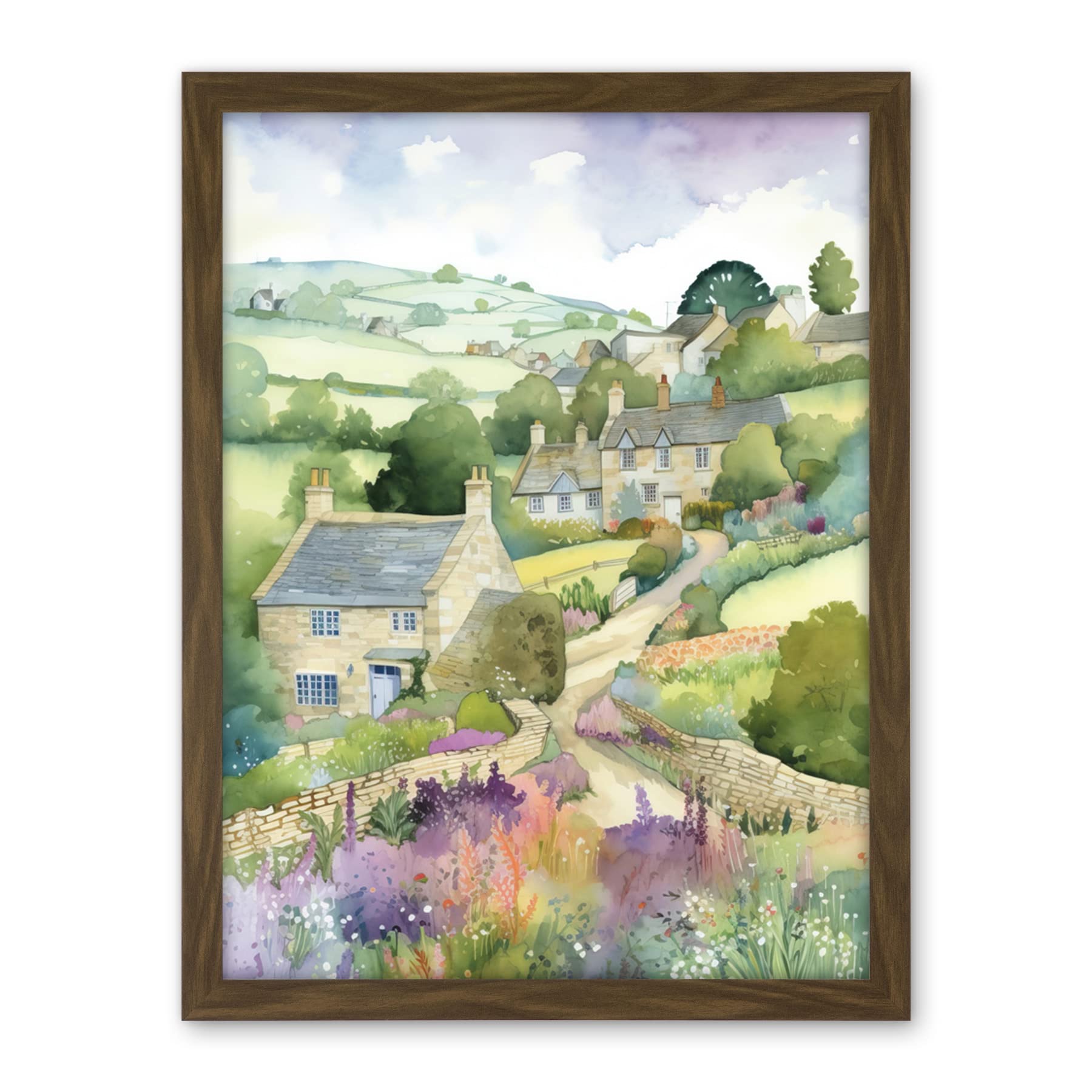 Artery8 Countryside Spring Landscape with Cottages Modern Watercolour Painting Artwork Framed Wall Art Print 18X24 Inch
