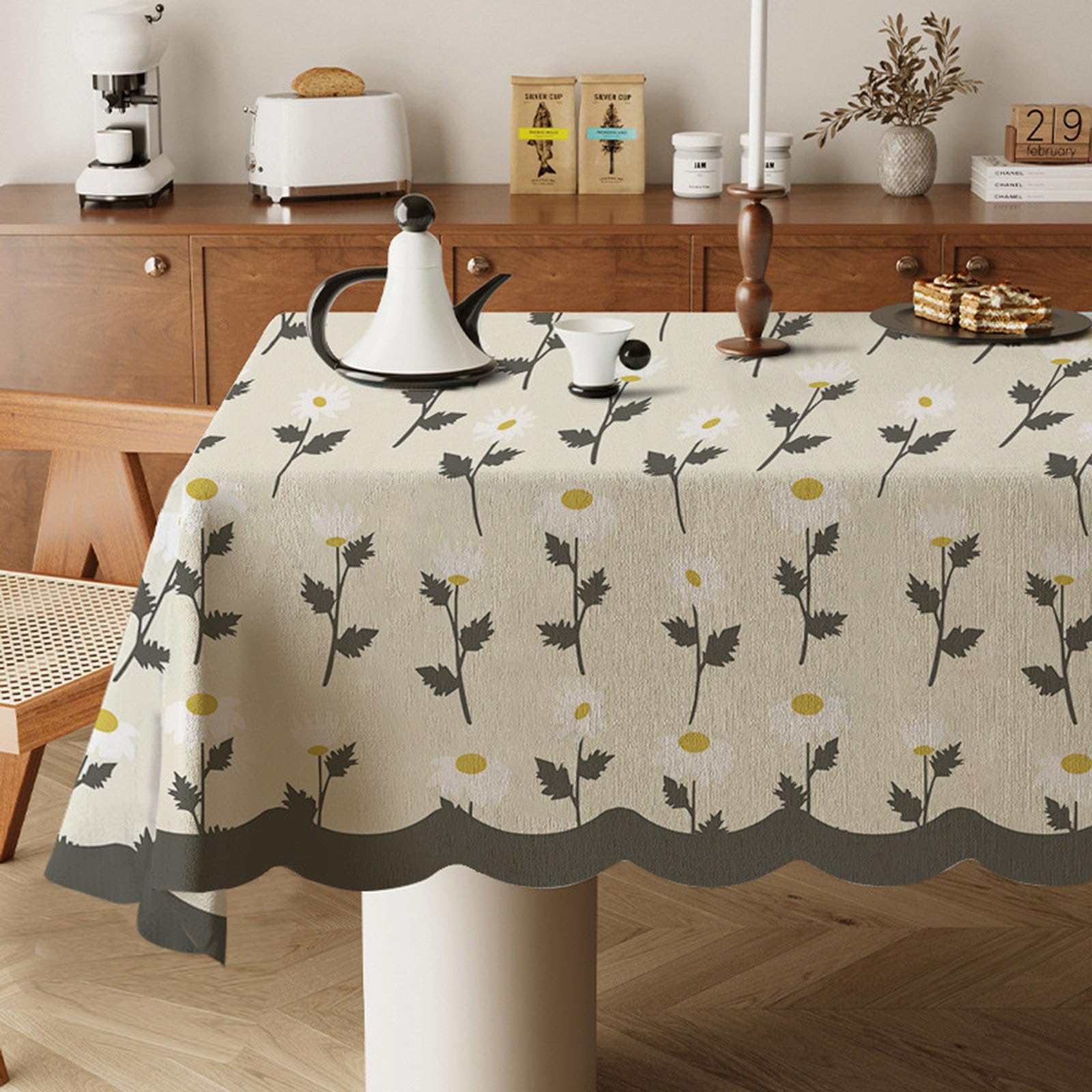 Odot Wipe Clean Tablecloths - Square, Stain Resistant Country Style Cotton and Linen Rectangular Table Cover for Kitchen, Dining, Coffee Table (White Flowers,140x220cm)