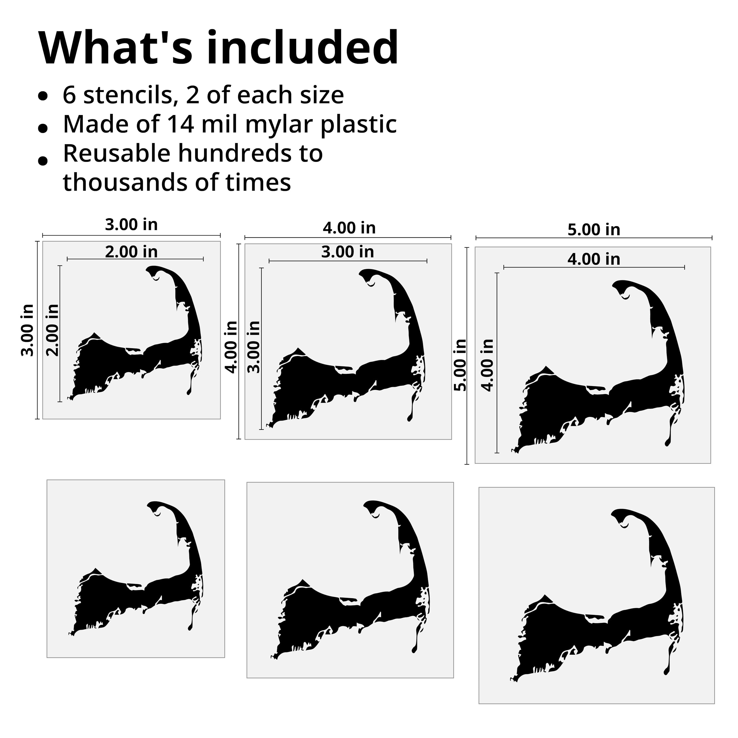 Stencil Stop Plantilla con forma de Cape Cod, reutilizable para proyectos de bricolaje, pintura, dibujo, manualidades, plástico Mylar de 14 mil (2, 3 y 4 pulgadas, 2 de cada uno)