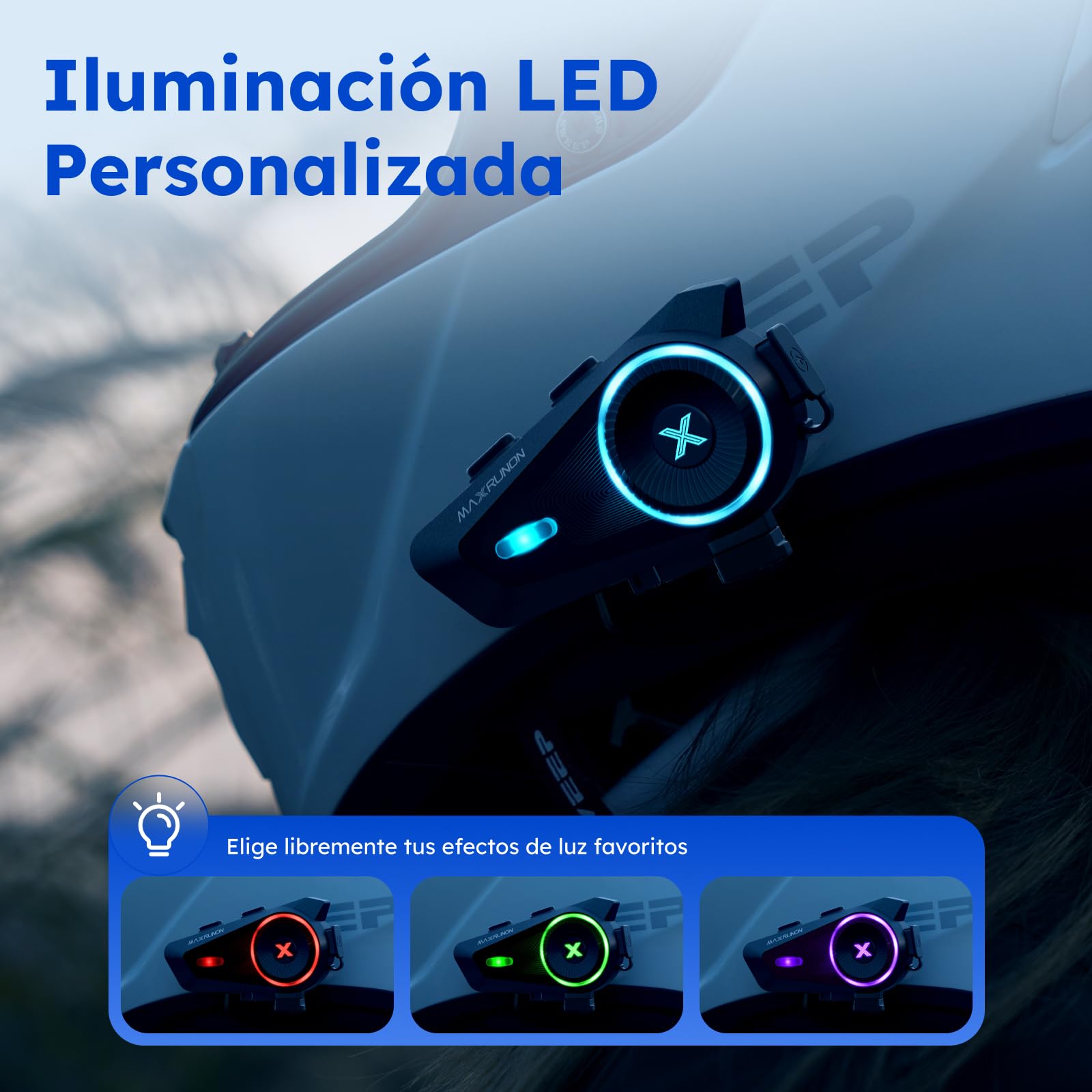 Intercomunicador Casco Moto, Control por Voz en Español, 4 Motociclistas Intercom, Bluetooth 5.4, FM, Cancelación de Ruido, Emparejamiento Universal, IPX7 - D10 Individual