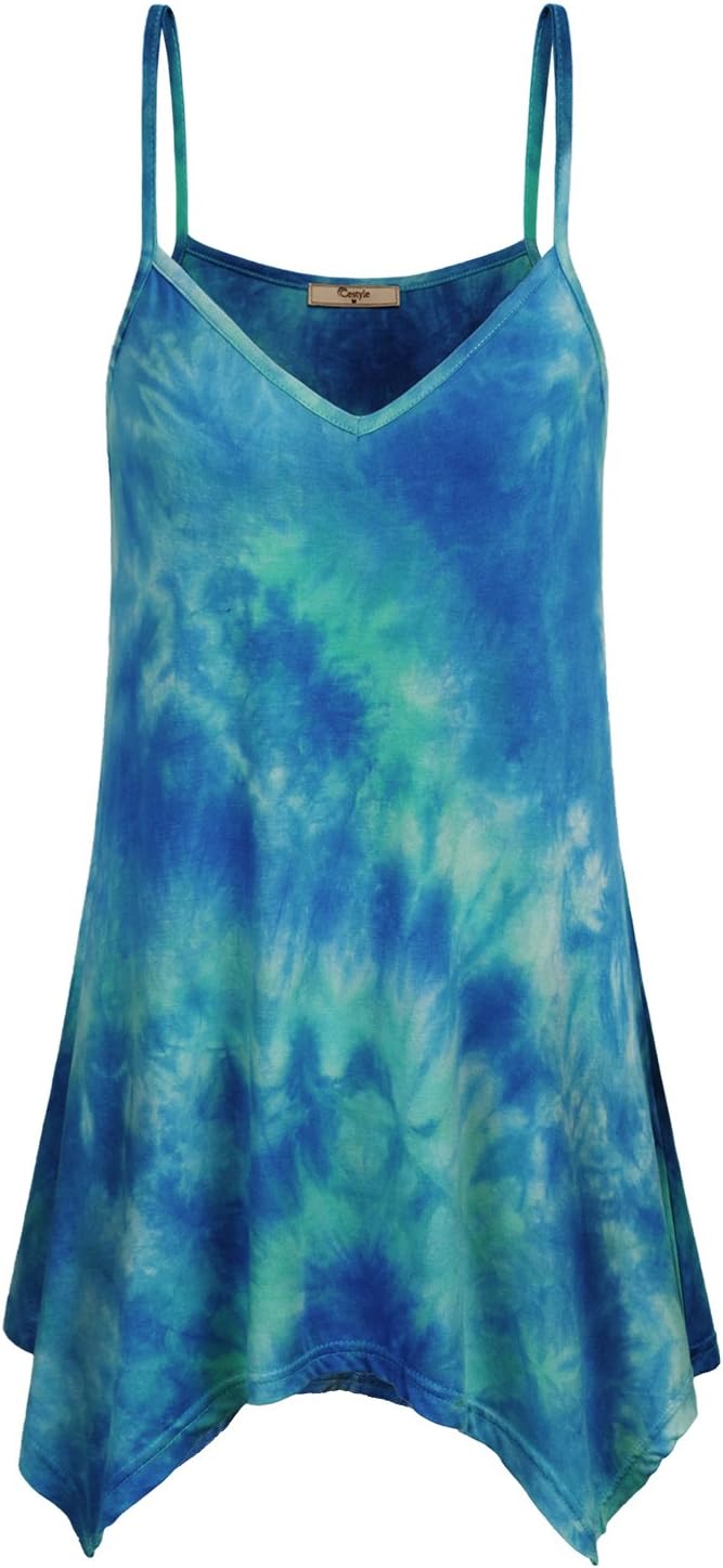 Women's V Neck Asymmetrical Hem Tie-Dyed Loose Spaghetti Strap Tank Top