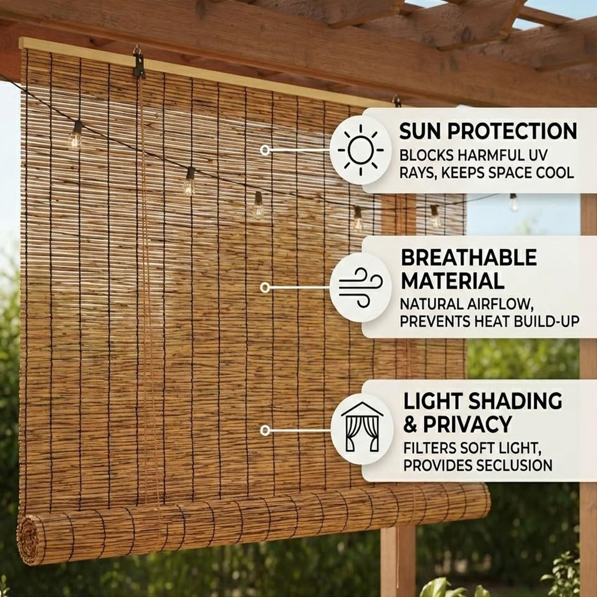 Bambusrollo außenrollo wetterfest Outdoor Bambus Rollo für Tür extra breit Fenster Sonnenschutz Sichtschutz natürlich Jalousine(85W x 240H cm)