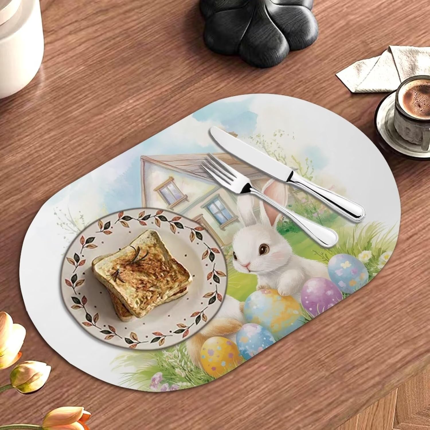 Easter Bunny Placemats Waterproof Oval Placemats for Dining Table Heat Resistant Table Mats Set of 4 Washable Place Mats Non-Slip Table Mats for Patio Table Wedding Decor