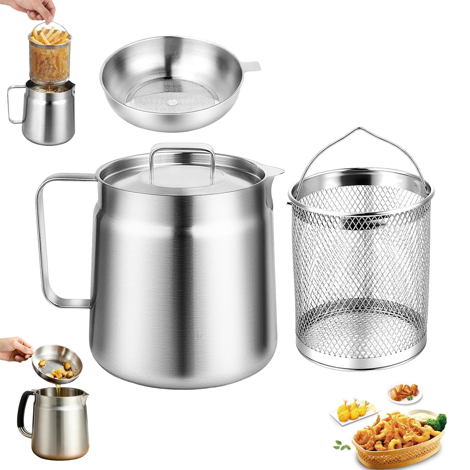 Pentola per friggitrice con cestello e colino, 2 l, grande capacità, in acciaio inox 304, filtro dell'olio per cucina, friggitura, cucina, campeggio
