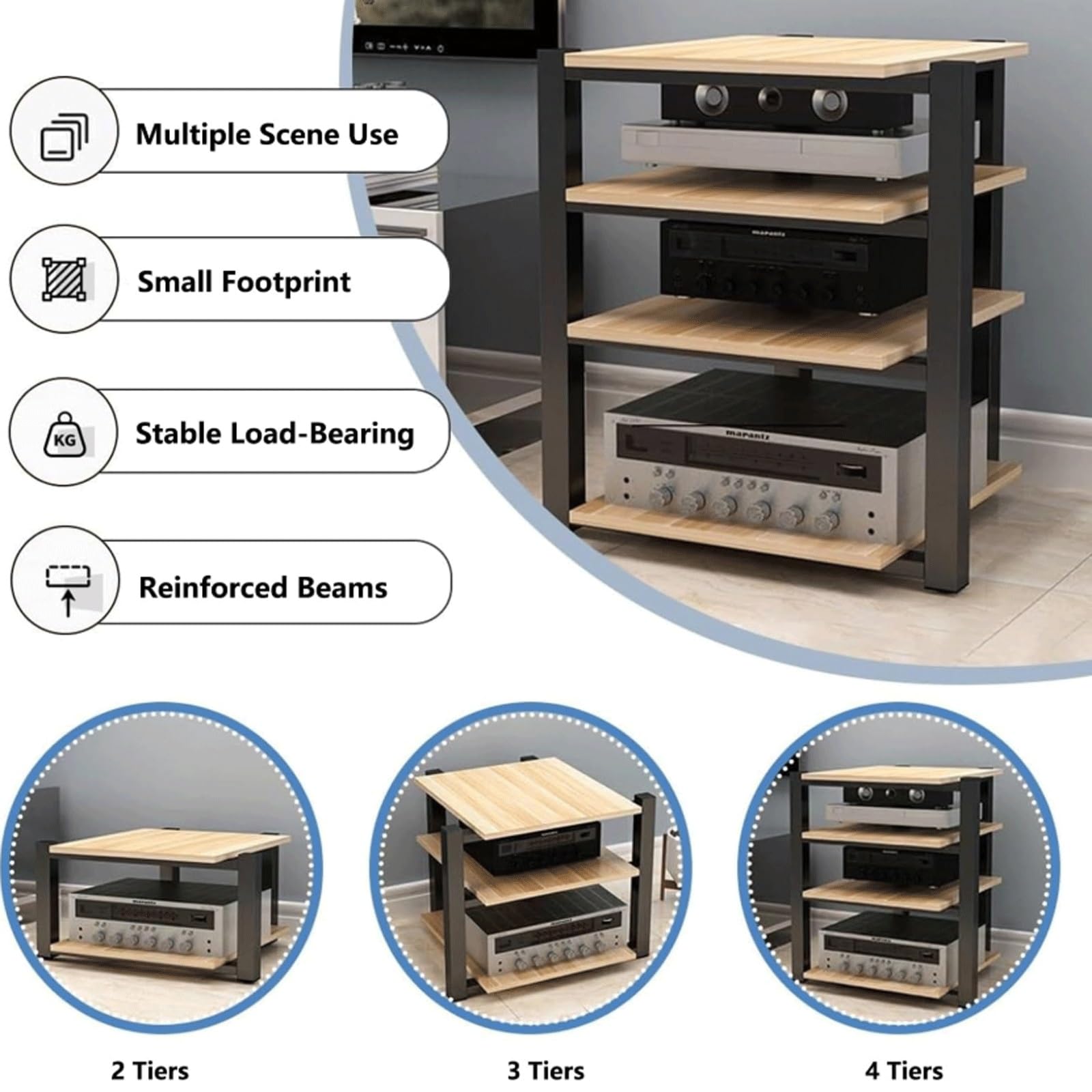 Offener Stereo-Komponentenschrank, AV-Media-Ständer, Holzständer, Audio-Video-Regal, moderner DVD-, CD-Plattenspieler, Konsolenhalter für Heimkino, Wohnzimmer, Walnuss, 4 Etagen