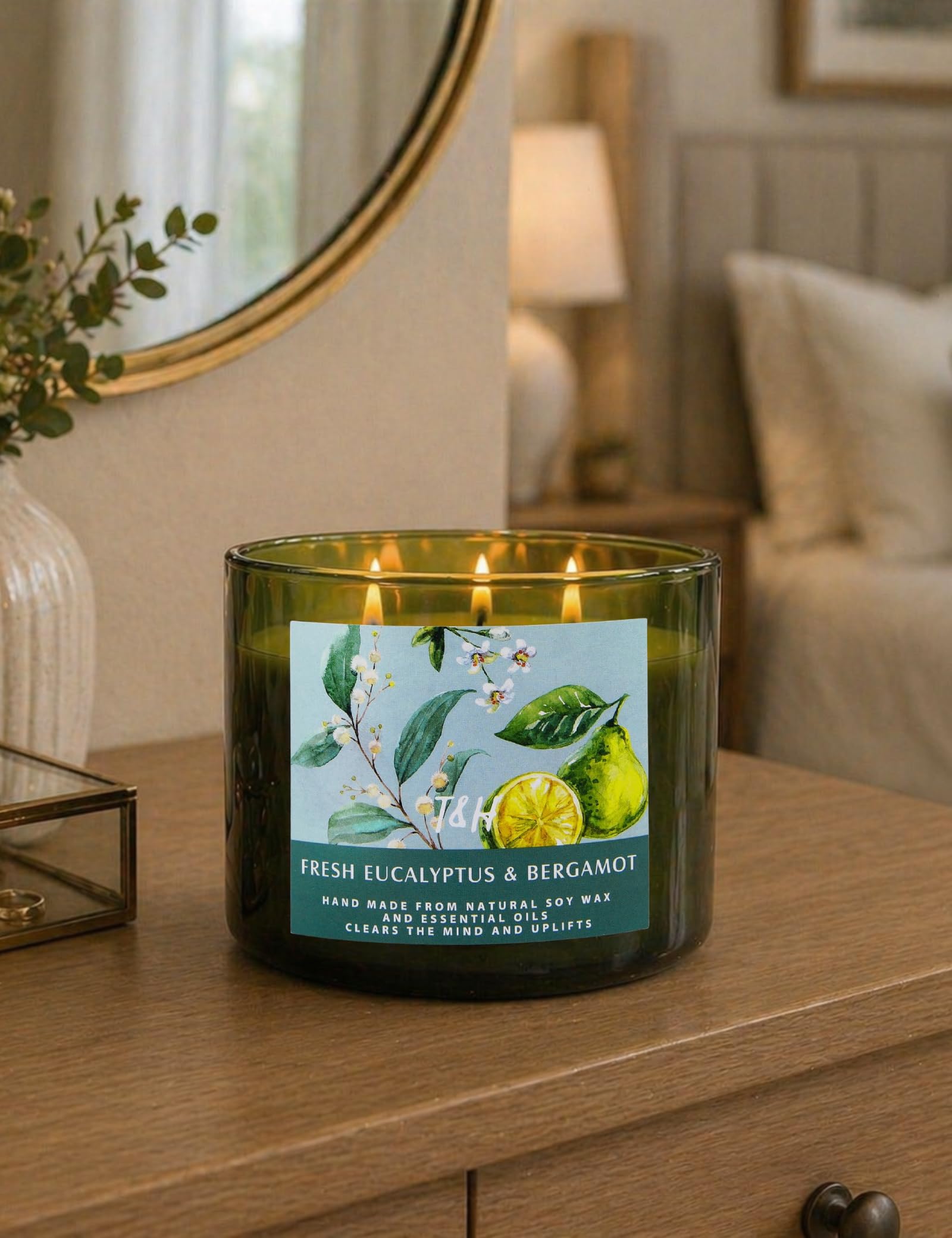 Candela fresca all'eucalipto e bergamotto, grande candela profumata a 3 stoppini, per rilassarsi in casa, 450 ml, candela per aromaterapia antistress, candela profumata di soia di lusso per donne e