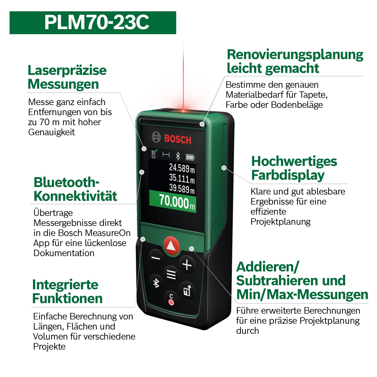 Bosch Laser-Entfernungsmesser PLM70-23C (Messbereich bis zu 70 m, Bluetooth-Konnektivität, Flächen- und Volumenberechnungen, hochwertiges Farbdisplay, kompatibel mit der Bosch MeasureOn App)