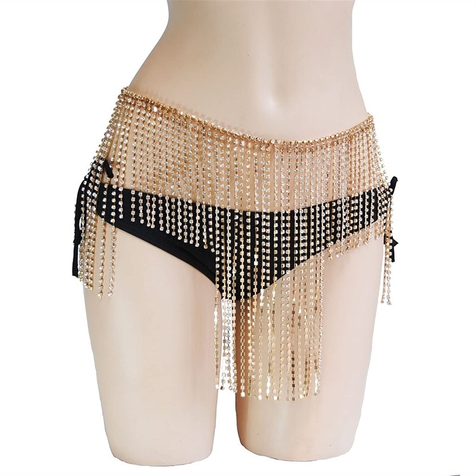 KLXSIVU Party Body Chains Women Sexy Jewelry Rhinestone Tassel Bikini Beach Hip Waist Chain Underwear Belly Statement For (a)