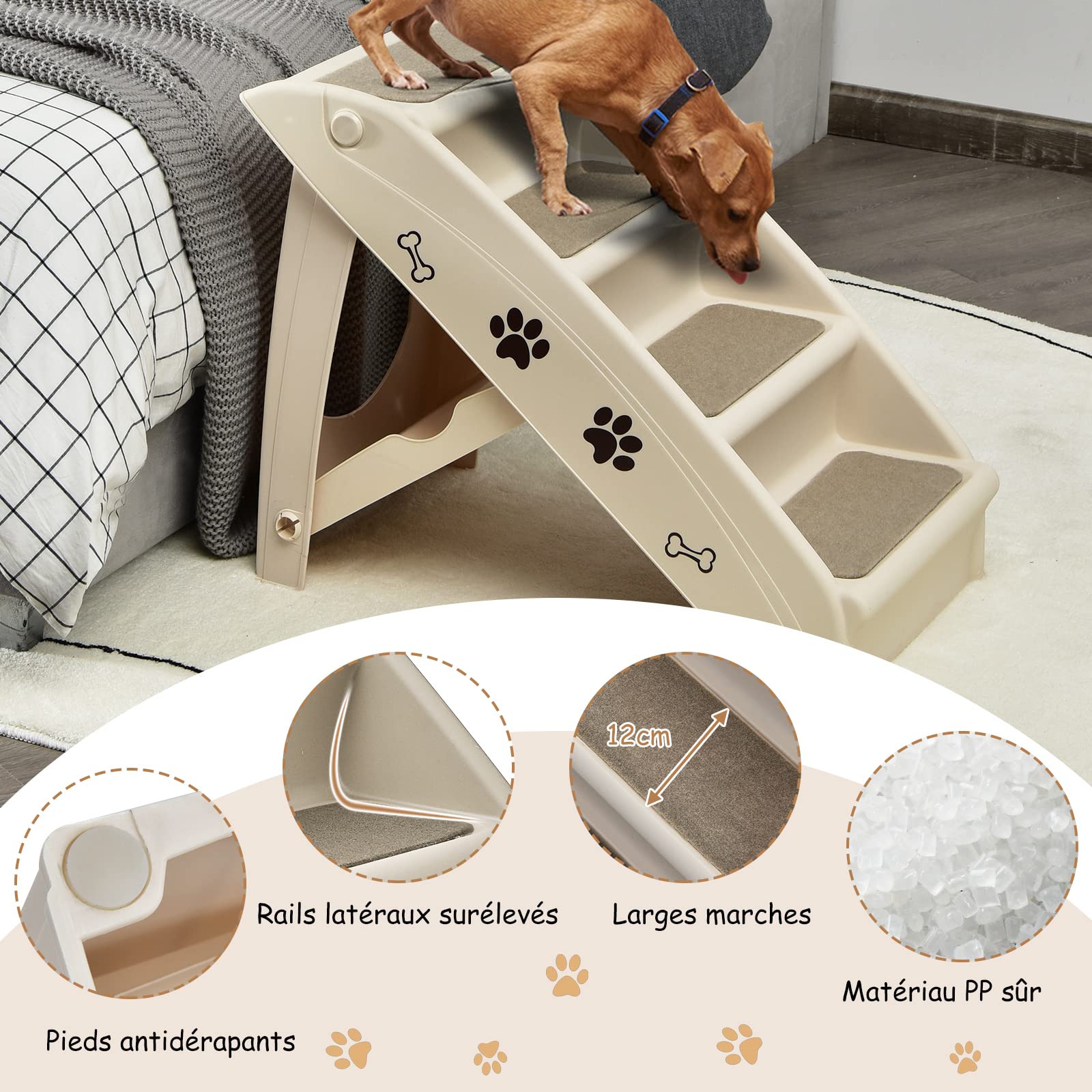 GYMAX Escalier pour Chien en Plastique 4 Marches, Rampe Intérieure et Extérieure avec Coussinets Antidérapants, Charge Max 60KG (Beige)