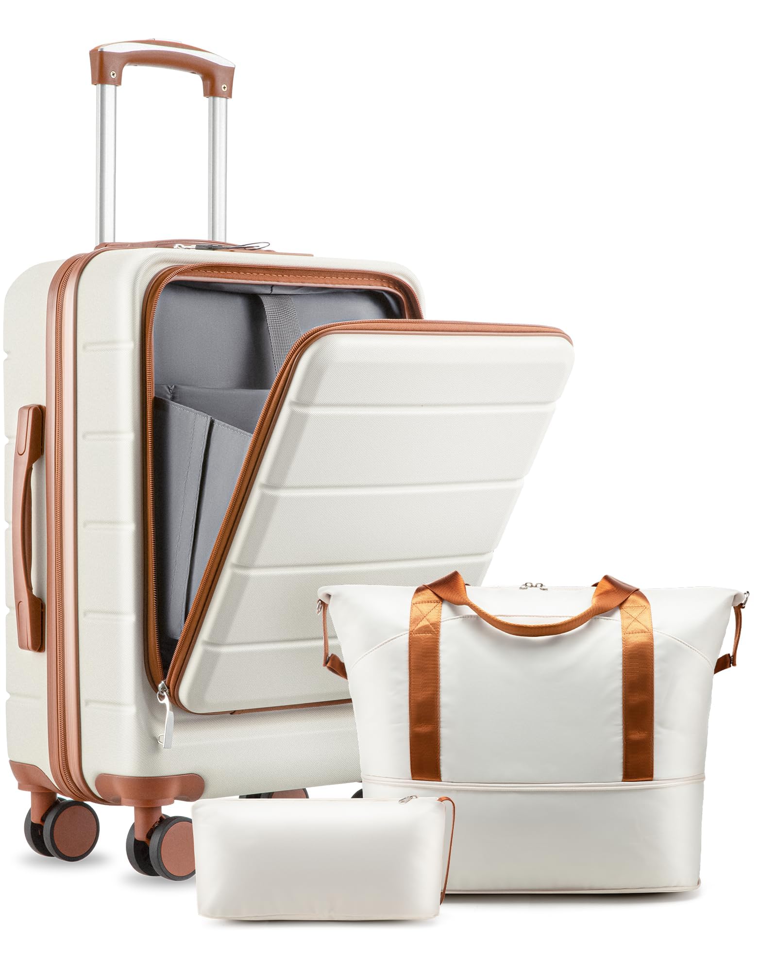 LUGGEX Carry On Luggage Set 3 Piece, Front Pocket Hard Shell Suitcase for Travelling with Spinner Wheels & TSA Lock, FX-Lite, Beige image 5