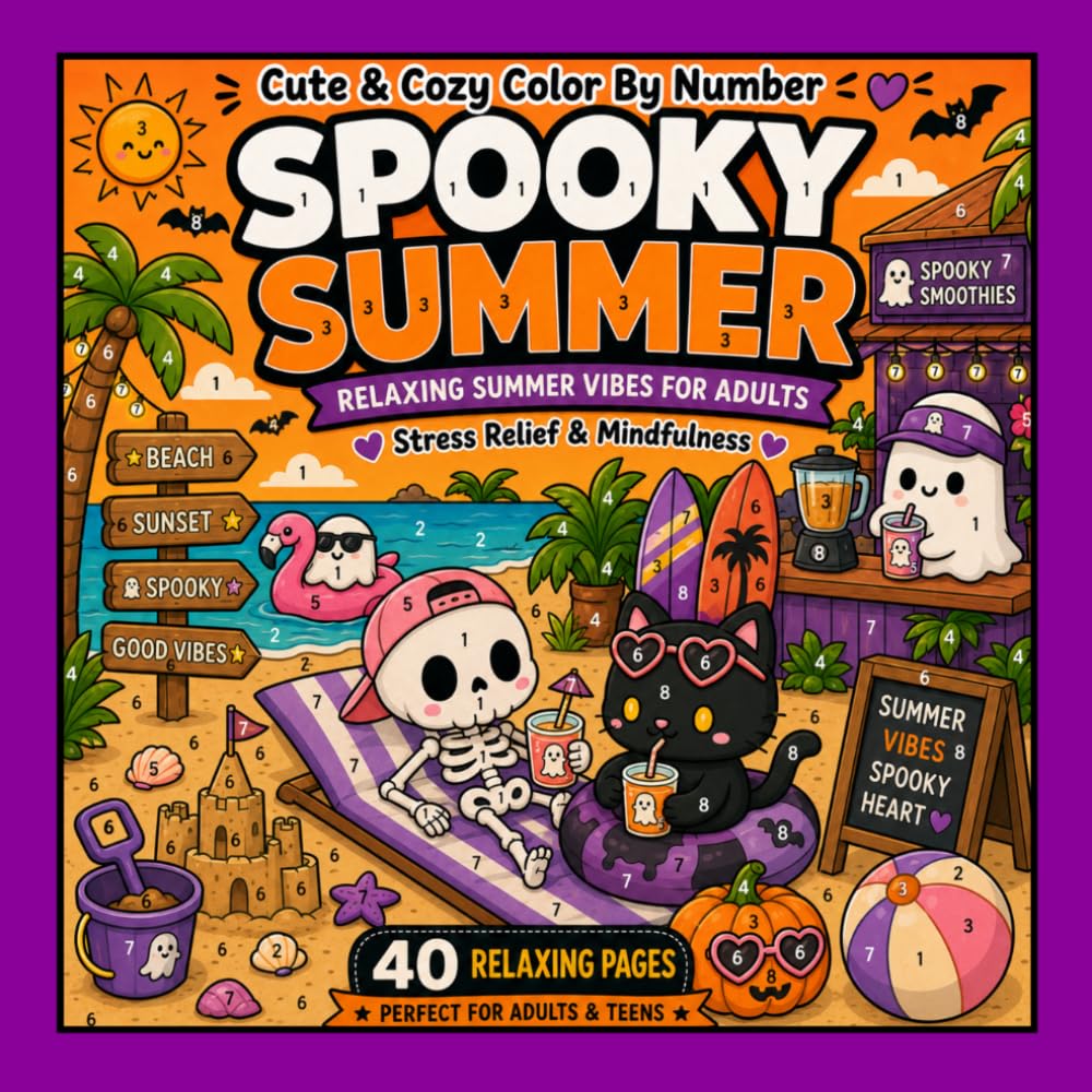 Spooky Summer Color By Number Book for Adults and Teens: Cute & Cozy Halloween Summer Coloring Pages with Ghosts, Pumpkins, Beach Vibes, Stress Relief and Relaxation