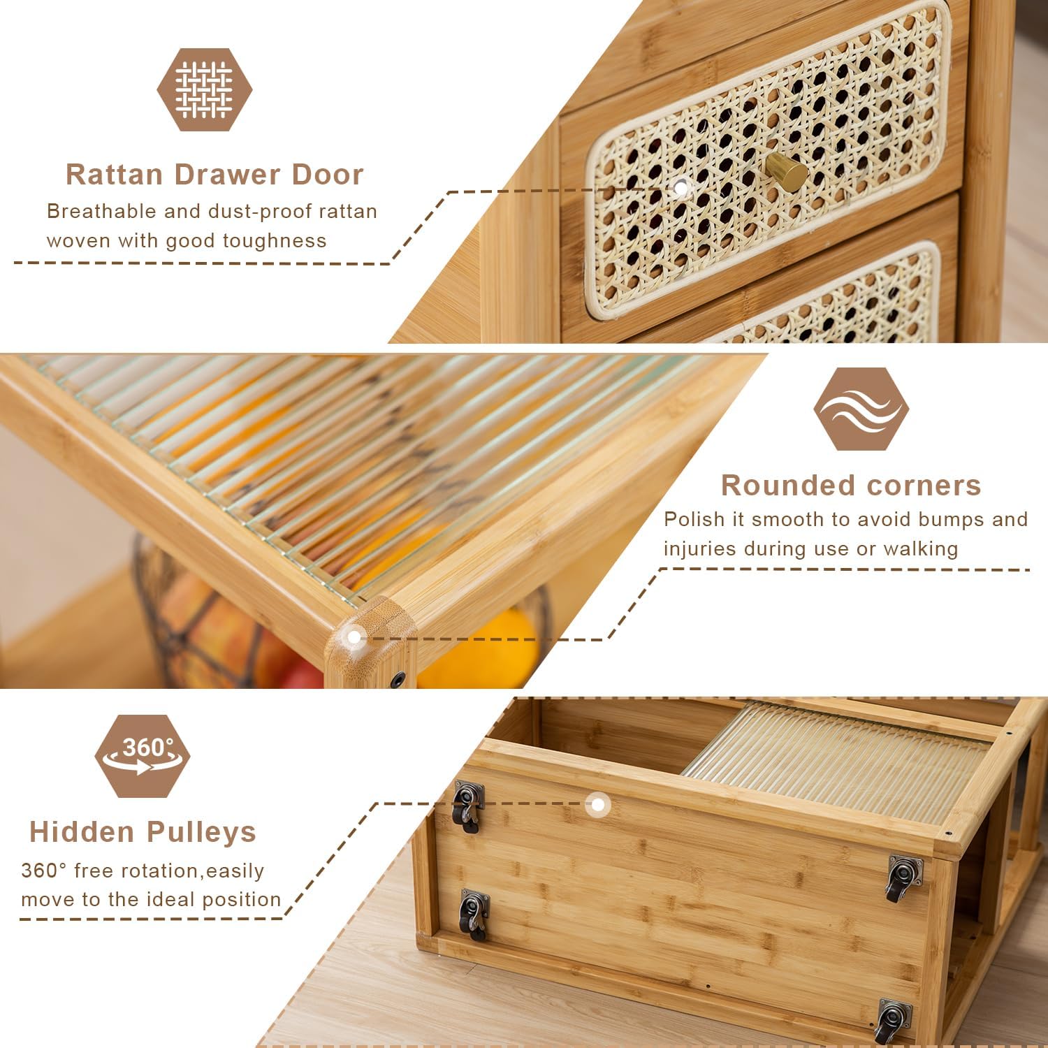 Bamboo & Rattan Side Table with Glass Top – 2-in-1 End Table and Bedside Cabinet with Drawer Storage for Small Spaces, Bedroom, Living Room, Nature