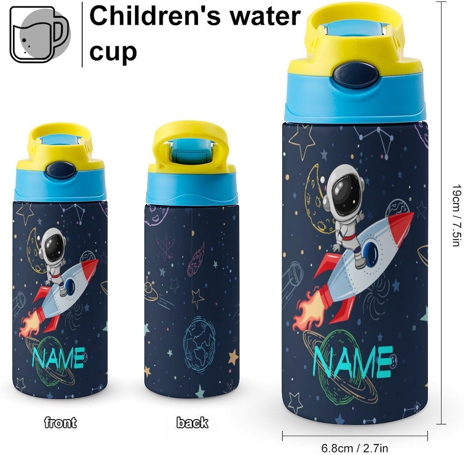 SUQINFA Custom Kids Backpack for Boys Girls Personalized Add Text Name Rocket Planet Astronaut Water Bottle Bookbags Customized School 2 Set Backpack - Image 3