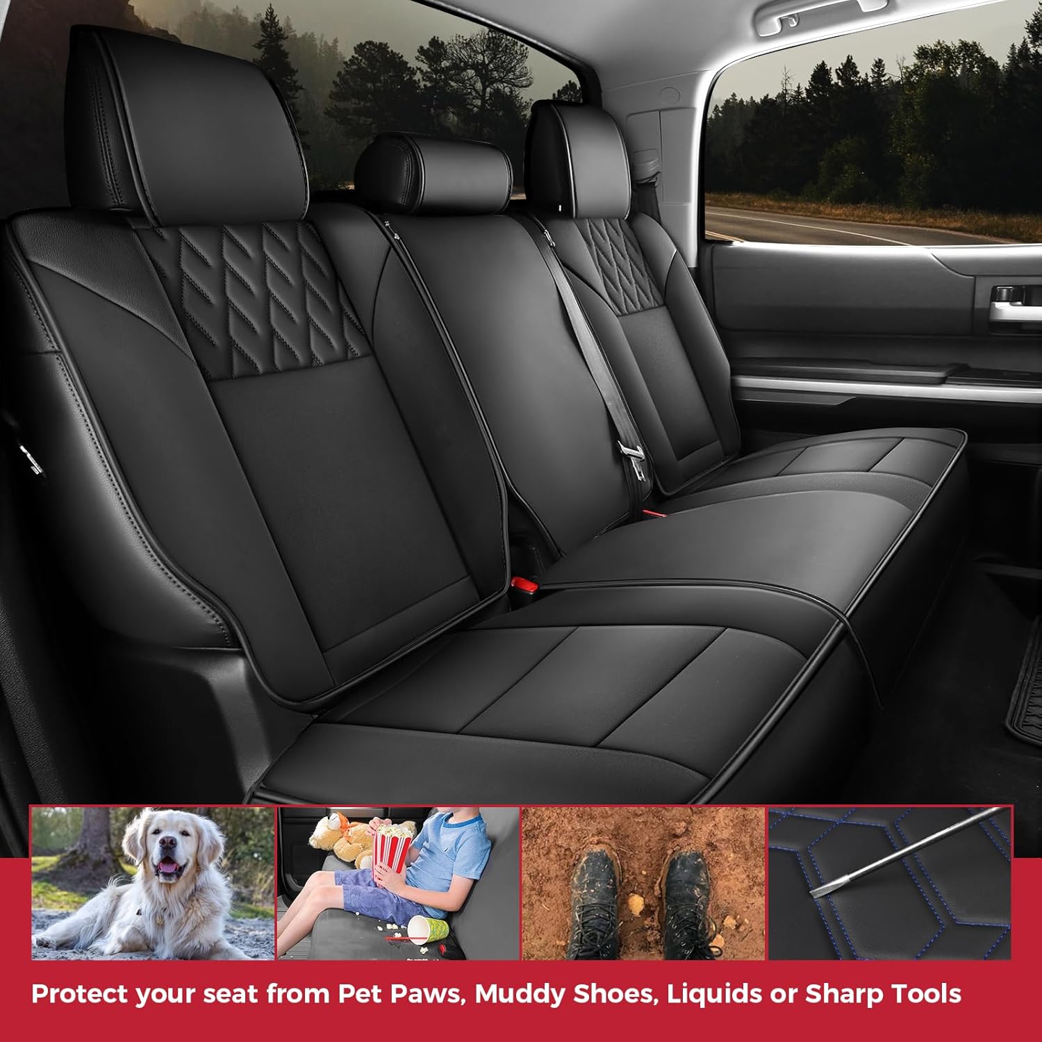 FREESOO Tundra Seat Covers 2026 2025 2024 2026 2022 Full Set Faux Leather, Fit for Toyota Tundra Crewmax Double Cab, Truck Seat Covers Black