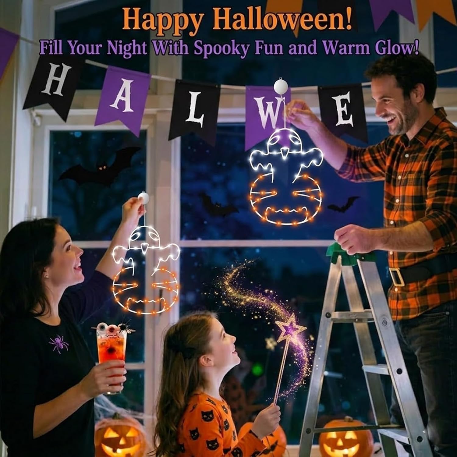 2 Pack Thanksgiving Decorations Lights, Maple Leaf Window Lights with Suction Cups, Metal Frame Decorative Light with Battery & Auto Timer, Fall Harvest Decor for Home (Orange-White Ghost)