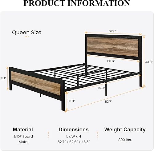 Miniatura 2 de SHA CERLIN Armazón de Cama de Metal Resistente Tamaño Queen, Base de Plataforma con Cabecero y Pie de Cama de Madera, Soporte de 13 Listones Madera