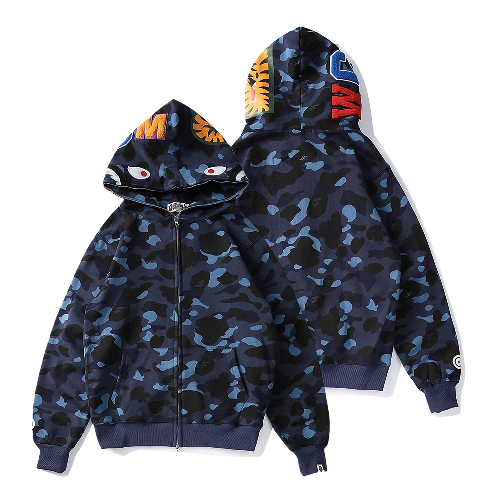 Shark Full Zip Up Hoodie, Camo Sweatshirt For Men Women, Hip Hop Cotton Zipper Hooded For Youth Teenagers