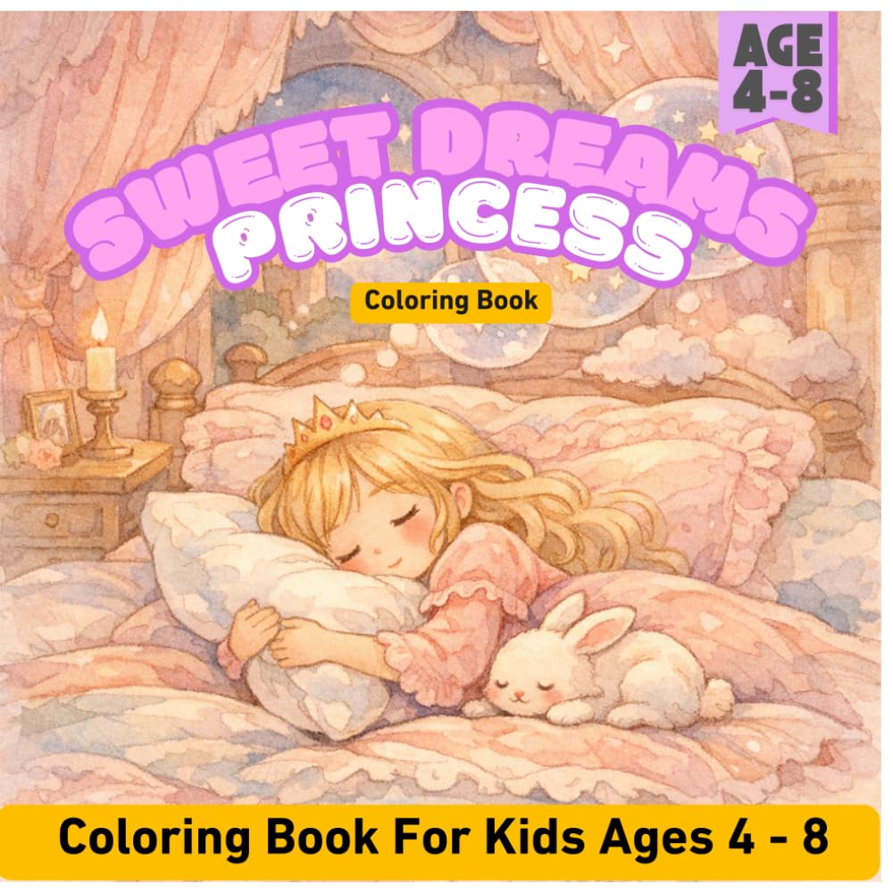 Princess Bedtime Coloring Book for Kids Ages 4–8: 45 Cute and Easy Princess Coloring Pages for Relaxing & Fun