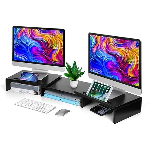 AMERIERGO Dual Monitor Stand Riser for 2 Monitors, Monitor Stand for Desk, Adjustable Computer Monitor Stand with 2 Slot, Multifunctional Desktop Organizer Stand for Laptop, PC, Computer, Printer