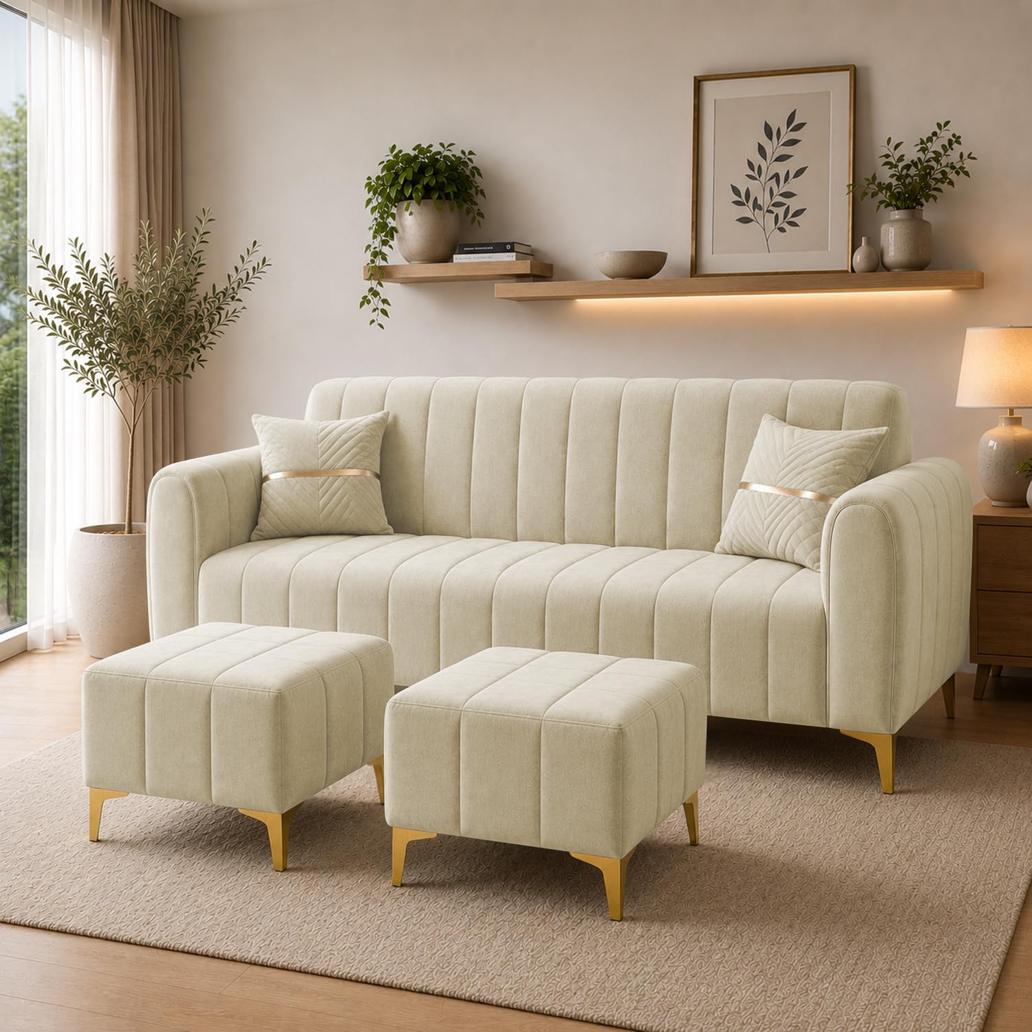 Casaliving Sandor 4 Seater L Shape Convertible Sofa Set for Living Room, 3 Seater & 2 Ottoman Modular Sectional Couch for Small Space (Black Colour) Fabric-image-13