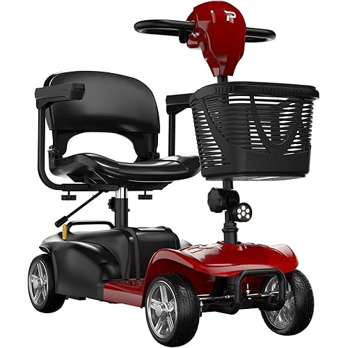 4 Wheel Mobility Scooters for Adults 15 Miles Long Range Foldable Electric Scooter All Terrain Motorized Scooter Powered Mobility Scooters for Seniors, with Basket and Charger (Red)