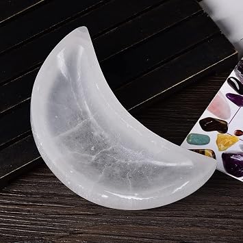 JIC Gem 4.7 inches 0.55 Lbs Morocco Real Natural Moon Shaped Selenite Charging Tray for Quartz Crystals,Selenite Charging Plate Station,Charging Selenite Bowl for Stones