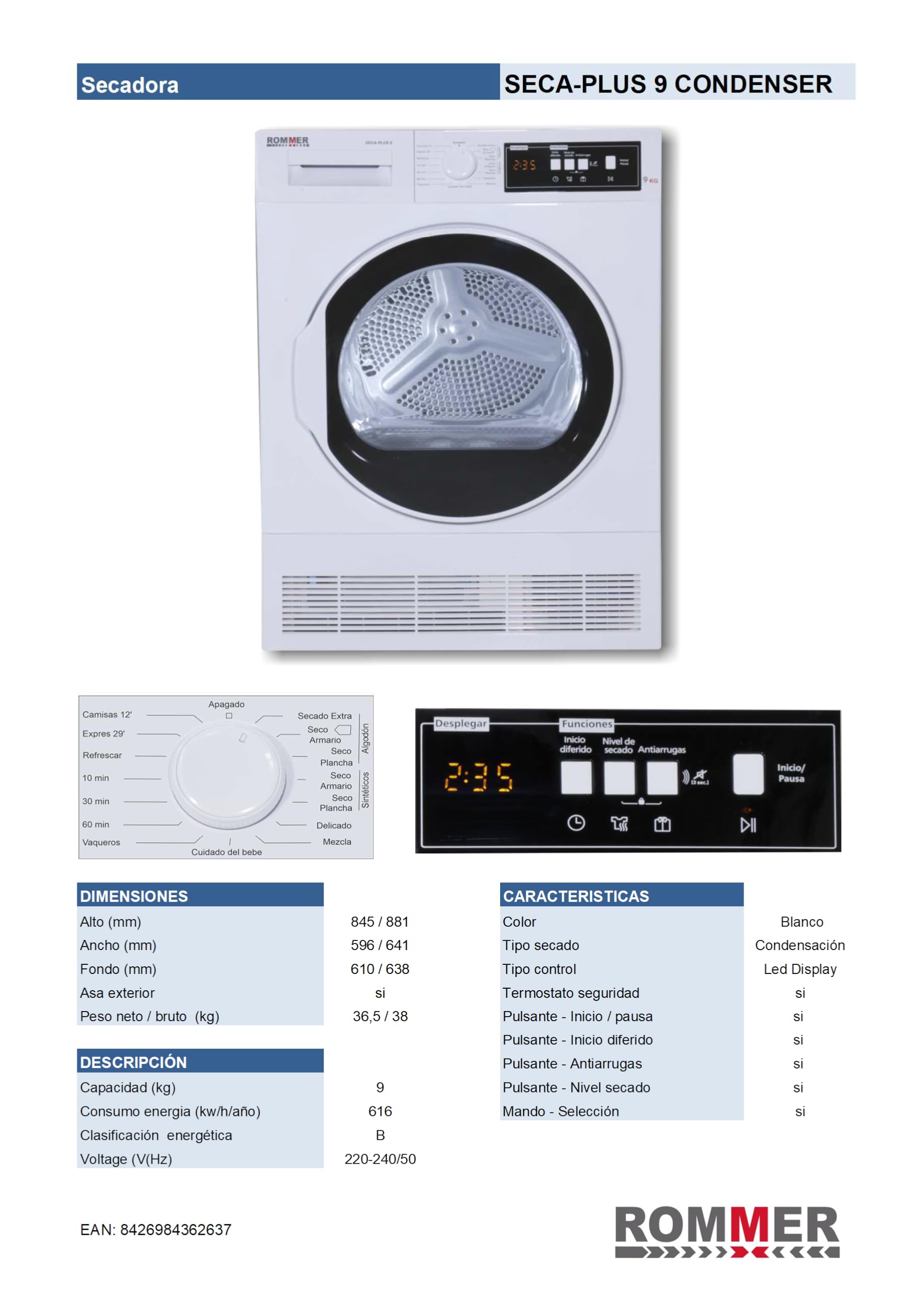 Secadora por condensación Rommer SECA-PLUS 9 CONDENSER, capacidad 9 Kg