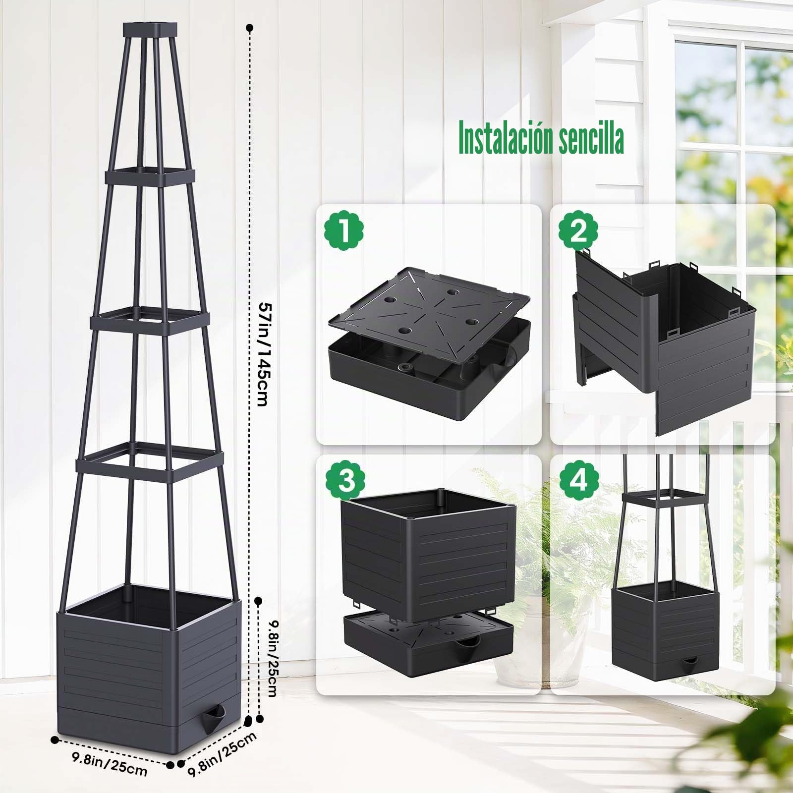 Tutores Plantas,145cm Cajas de Plantación con Riego Automático，Altura Ajustablesoporte Plantas Trepadoras，para Plantas Trepadoras Verduras Flores al Aire Libre y de Interior (2 Pack)