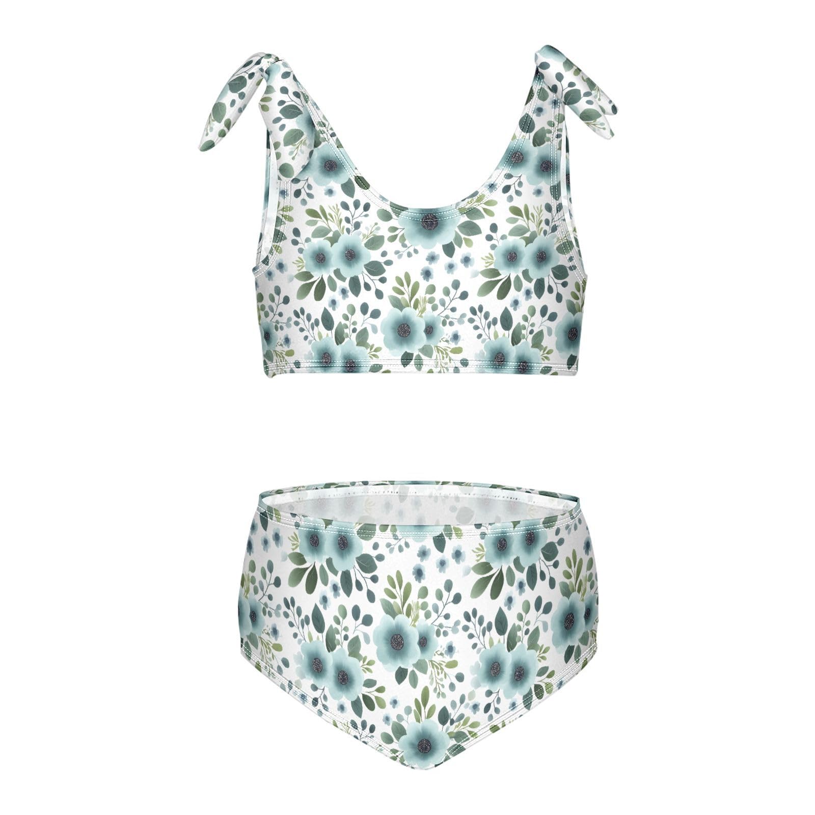 Flowers Ink Pattern Girls Two Piece Tankini Swimsuits Summer Bathing Suit Beach Swimwear Set, 11-12T