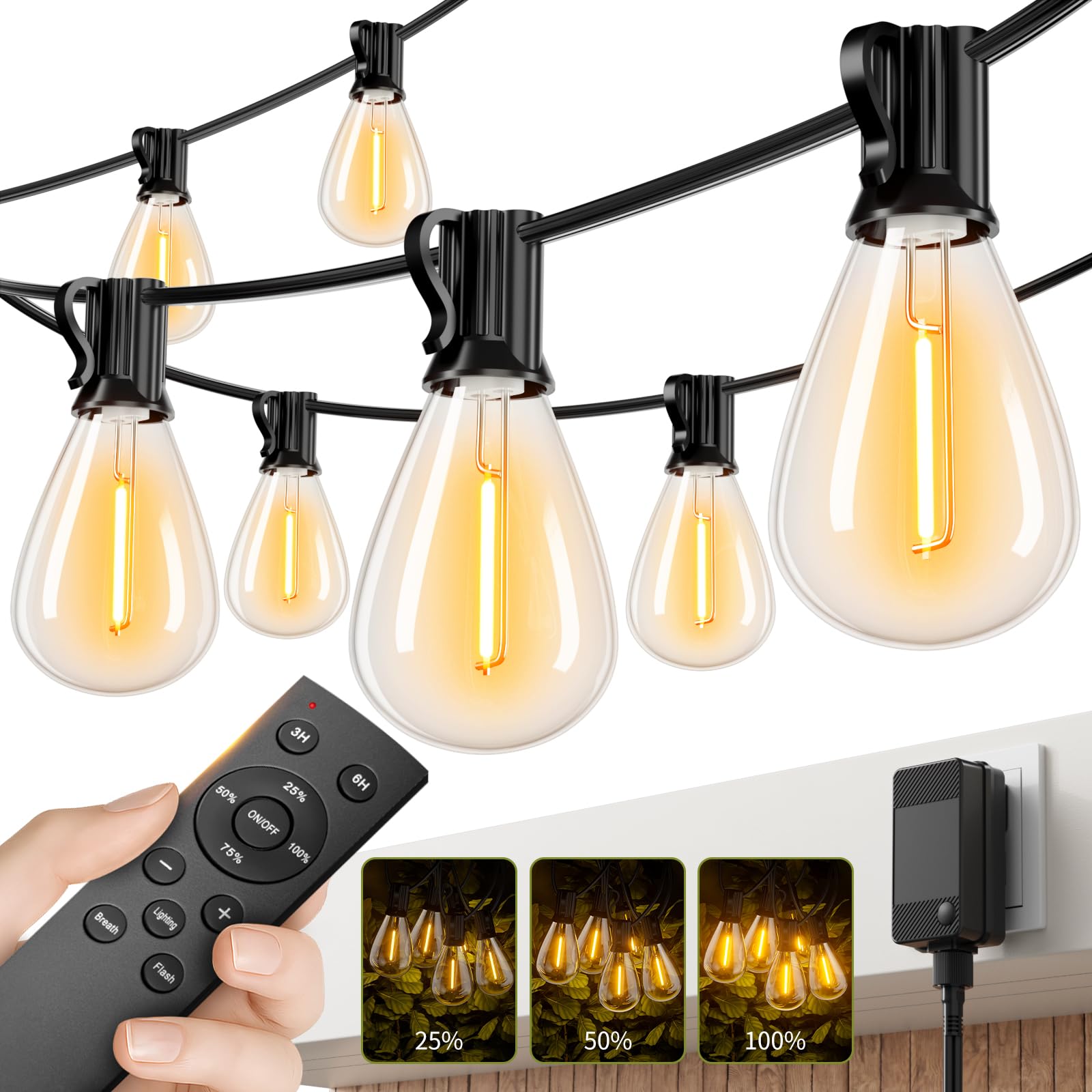Sikitul 50FT Outdoor String Lights with Remote & Dimmable, 18+1 Shatterproof Waterproof Bulbs, Dimmable Outside Hanging Patio Lights for Backyard, Porch, Deck, Garden 2200K Warm Yellow — view 12
