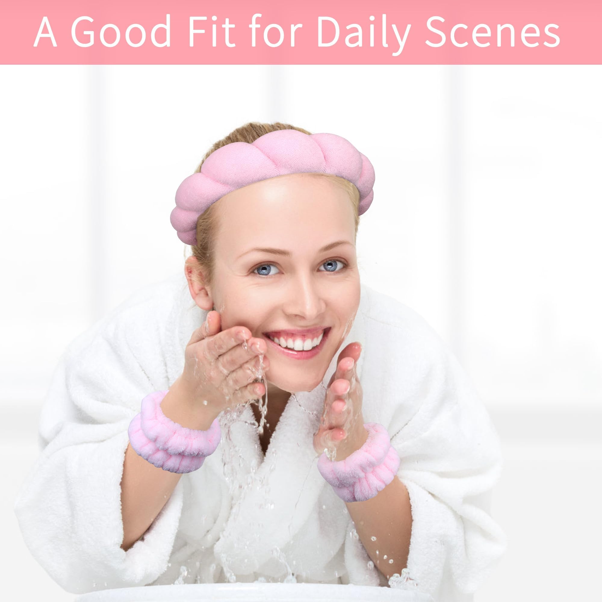 4PCS Spa Headband Hairband & Wristband Set Bow-tie Hairband with Buckled Hair Band Wrist Washband Terry Towel Cloth Headband for Washing Face Makeup Removal Skincare Pink - Image 2