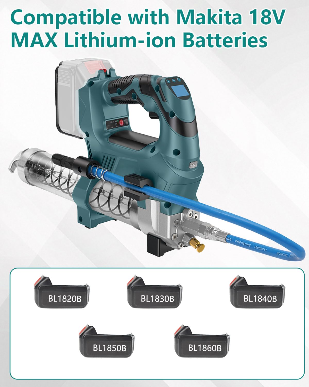 Pistola engrasadora a batería, 12000 PSI, compatible con batería Makita de 18 V (sin batería), con manguera de alta presión de 60 cm, pantalla digital, función cuantitativa, para camiones