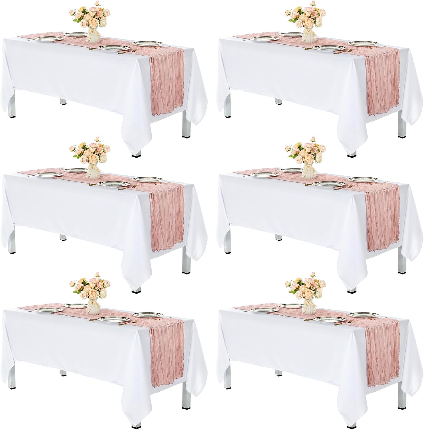 Oudain 6 Sets Tablecloth Runner Including 6 Pcs White Tablecloth 6 Pcs Cheesecloth Table Runner 10ft Boho Rustic Gauze Cheese Cloth for Wedding Party Baby Shower Birthday Home Decor(Dusty Pink)