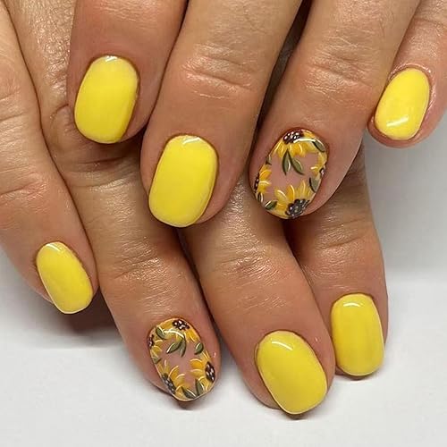 Short Press on Nails Square Fake Nails with Sunflower Designs