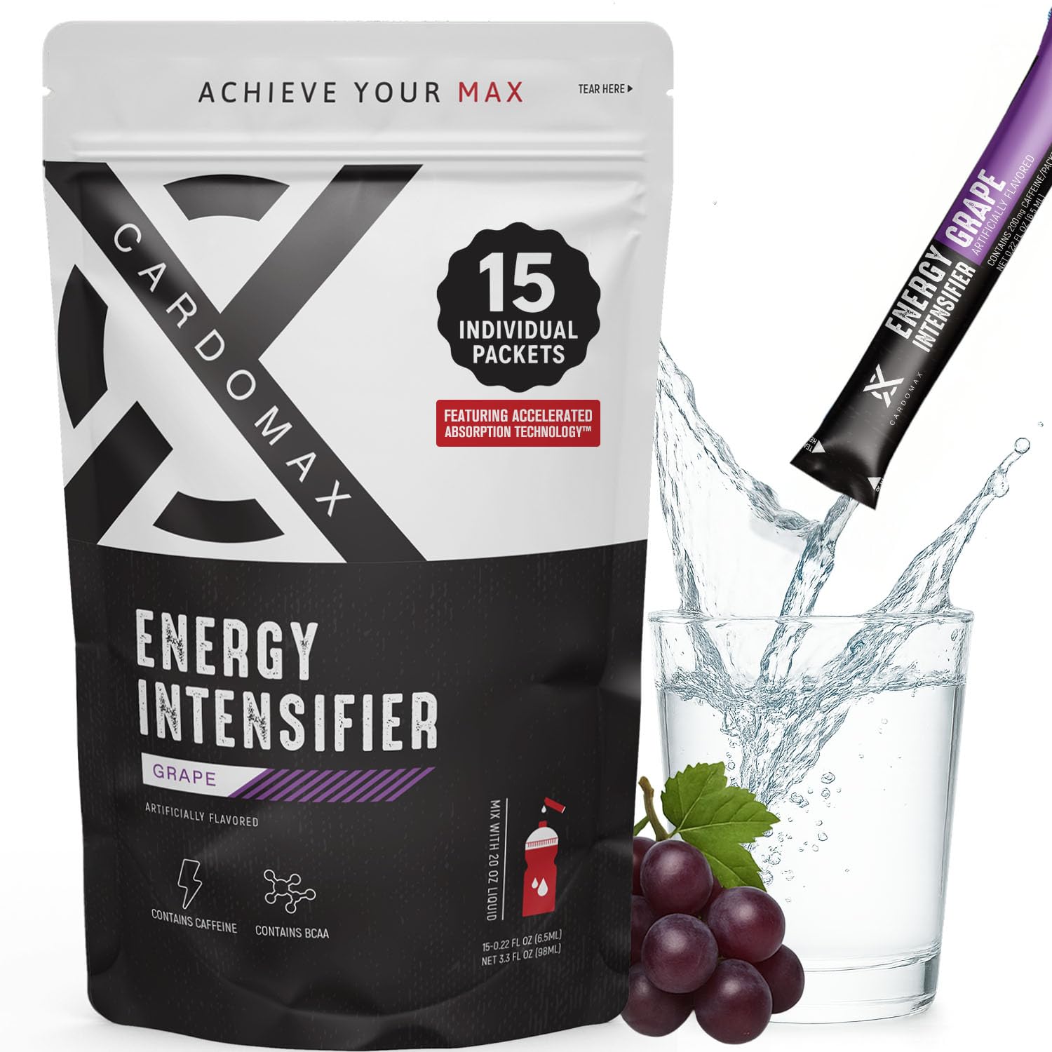 CardoMax - Energy Drink Packets - Liquid Preworkout for Men & Women Caffeine Packets with BCAA, Vitamin B12, Vitamin B6 & B3 - Sugar-Free, Zero Calorie, Vegan & Keto - 15 Stick Packs - Grape