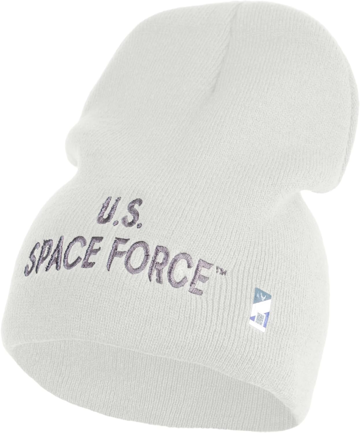 US Space Force Grey Letter Symbol Embroidered 8 Inch Solid Knit Short Beanie Made in USA