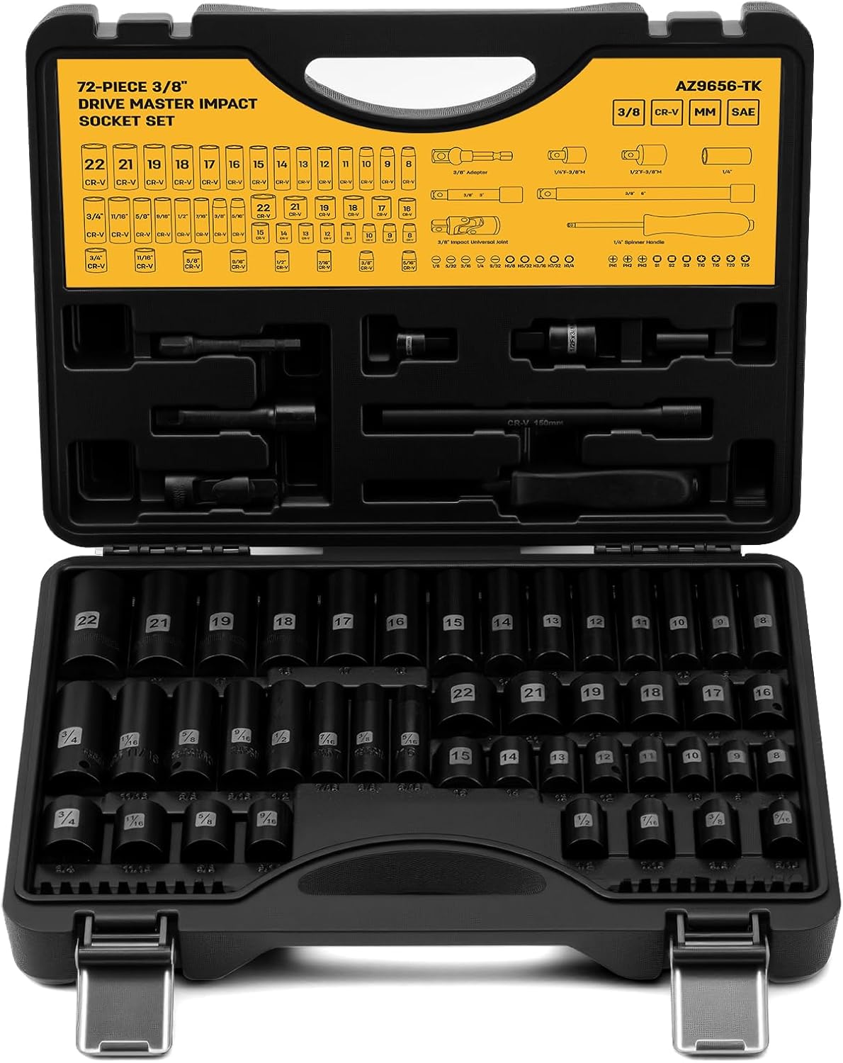 STEELITE 3/8" Drive Impact Socket Set, 72 Piece Standard SAE and Metric Sizes (5/16-Inch to 3/4-Inch and 8-22 mm), 6 Point, Cr-V Steel Socket with Extension Rod, Universal Joint, 1/2" to 3/8" Adapter