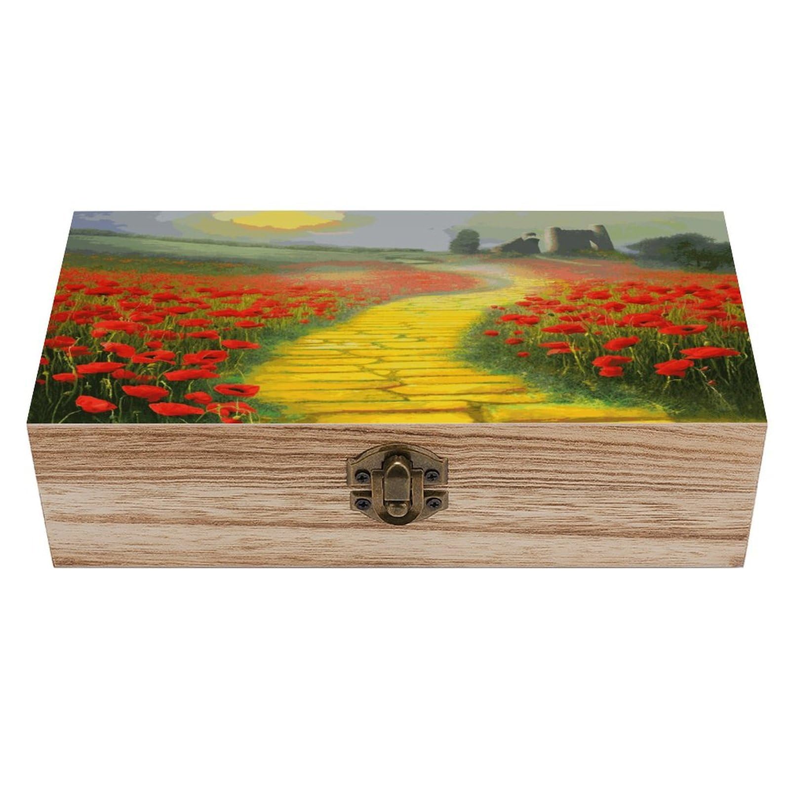 FekiLoot Natural Wooden Keepsake Box with Hinged Lid, 8x4 Inch Poppies Field Yellow Brick Road Memory Box, Wood Jewelry Organizer & Trinket Holder, Gift for Men Women Anniversary Wedding