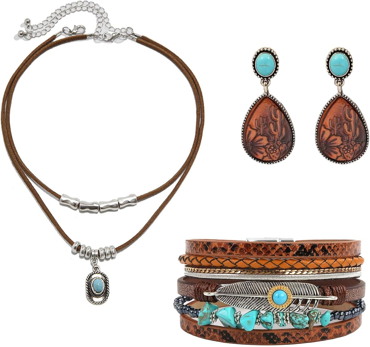 3PCS Western Jewelry for Women Bohemian Set,Boho Vintage Layered Necklace Dangle Drop Earrings Faux Leather Bracelet