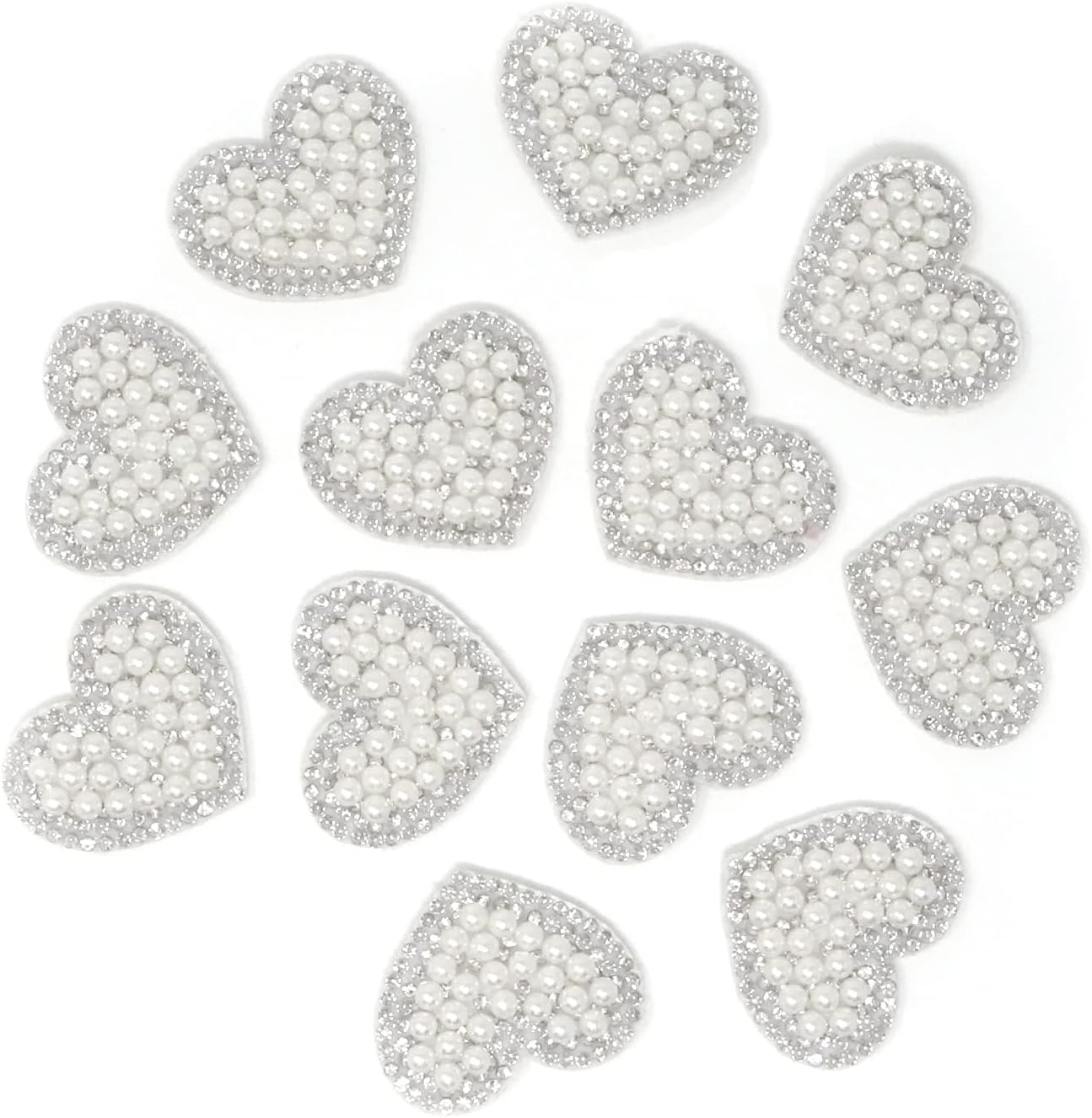 Honbay 12PCS Rhinestone Sew On Patches Heart Glue On Patches White Pearl Glitter Applique for Clothes Decoration and DIY Craft Supplies