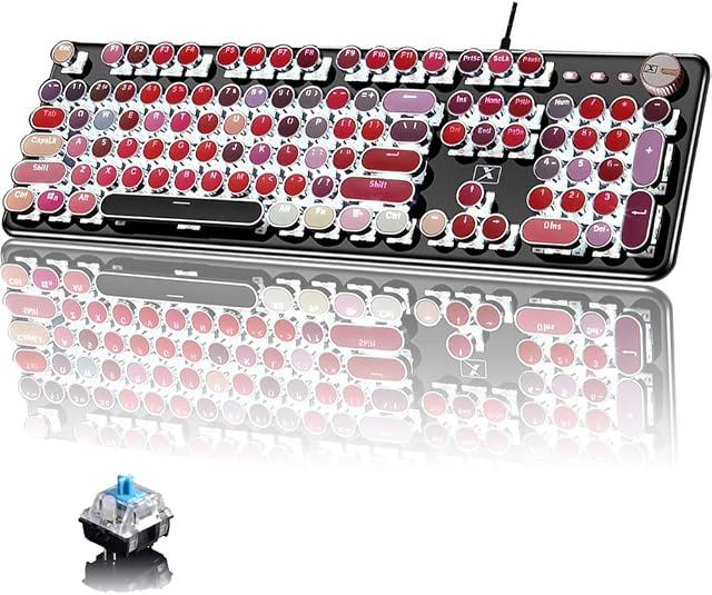 FELiCON Gaming Mechanical Keyboard, USB Wired Lipstick Keyboard with Retro Punk Round Keycaps and 26 White LED Backlit, Ergonomic, Anti-Ghosting, Compatible with PC, Computer, Laptop (Blue Switches)