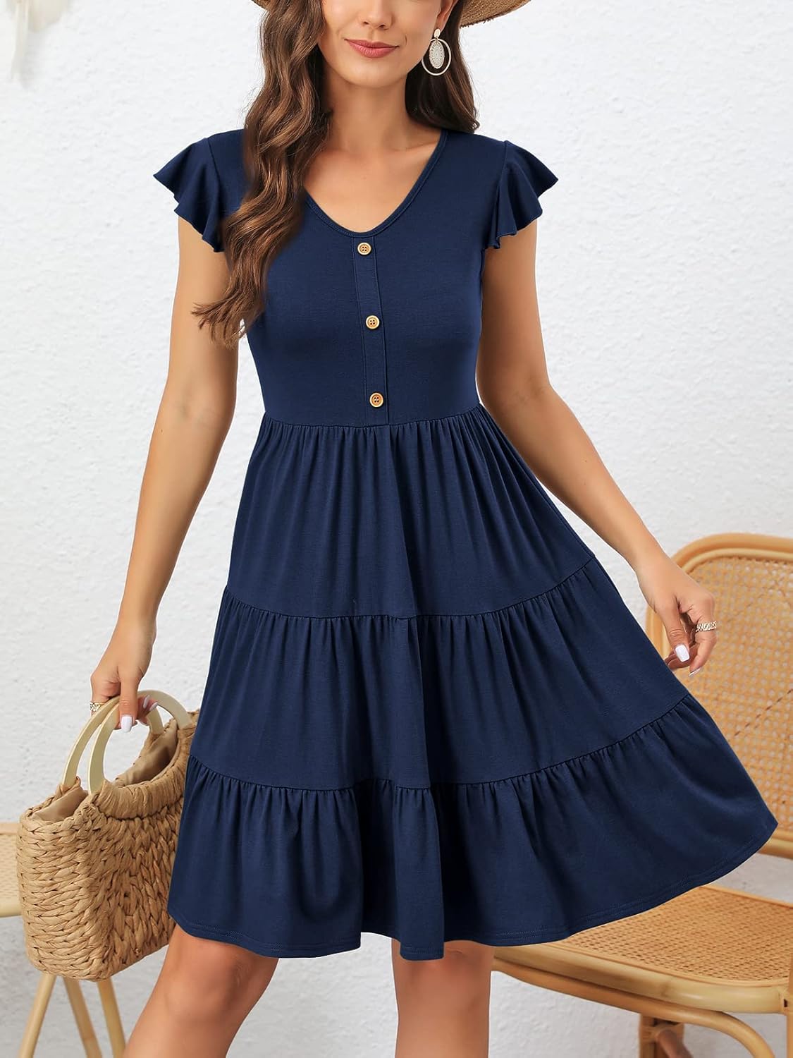 Lamilus Women's Casual Summer Dresses 2025 Ruffle Sleeves V-Neck Button Down Mini Dress Tiered Babydoll Swing Sundresses - Image 5