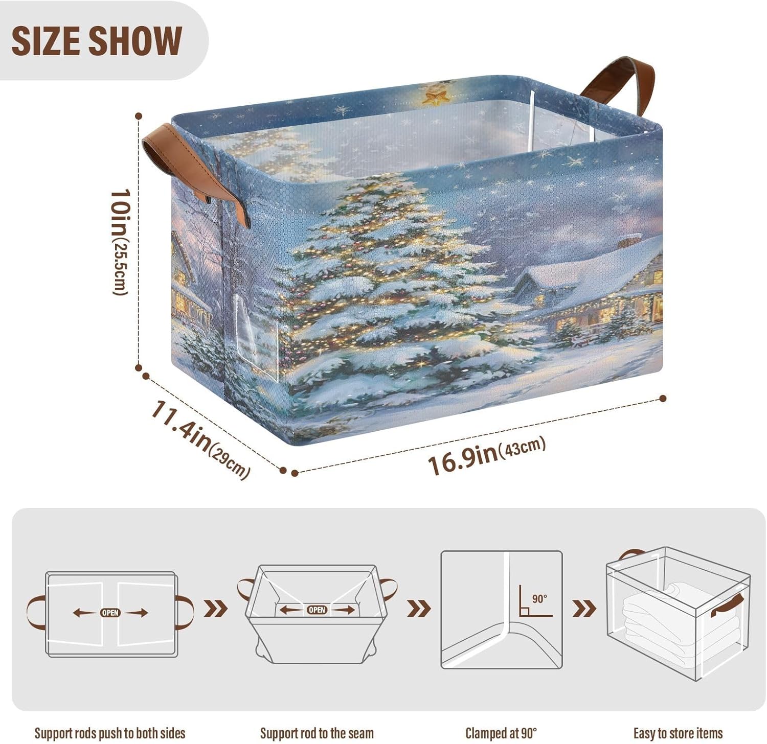 Snow Christmas Tree 2 Pack Fabric Storage Bins for Shelves Collapsible Cube Storage Bin Basket Storage Cubes with Handle Under The Bed Storage Bins for Office Closet Home Clothes