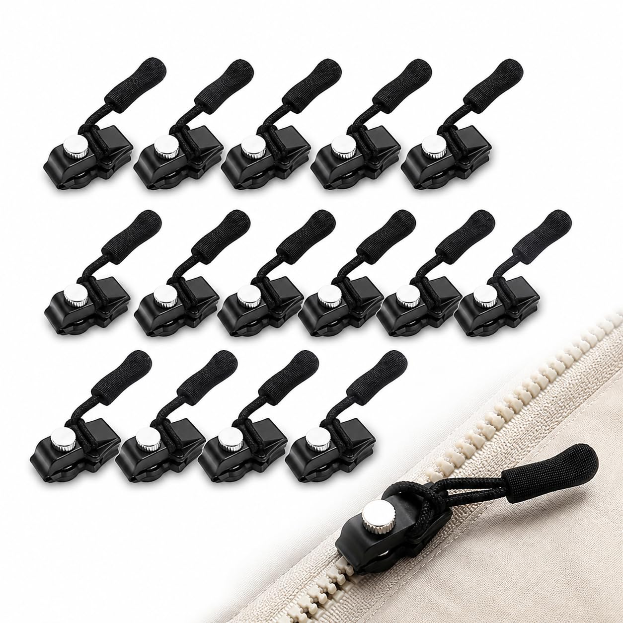 15-Piece Zip Repair Kit, Black Replacement Zip Sliders with Pulls, 3 Sizes, Screw-On Zipper Repair for Backpacks, Jackets, Coats, Tents, Suitcases and Luggage
