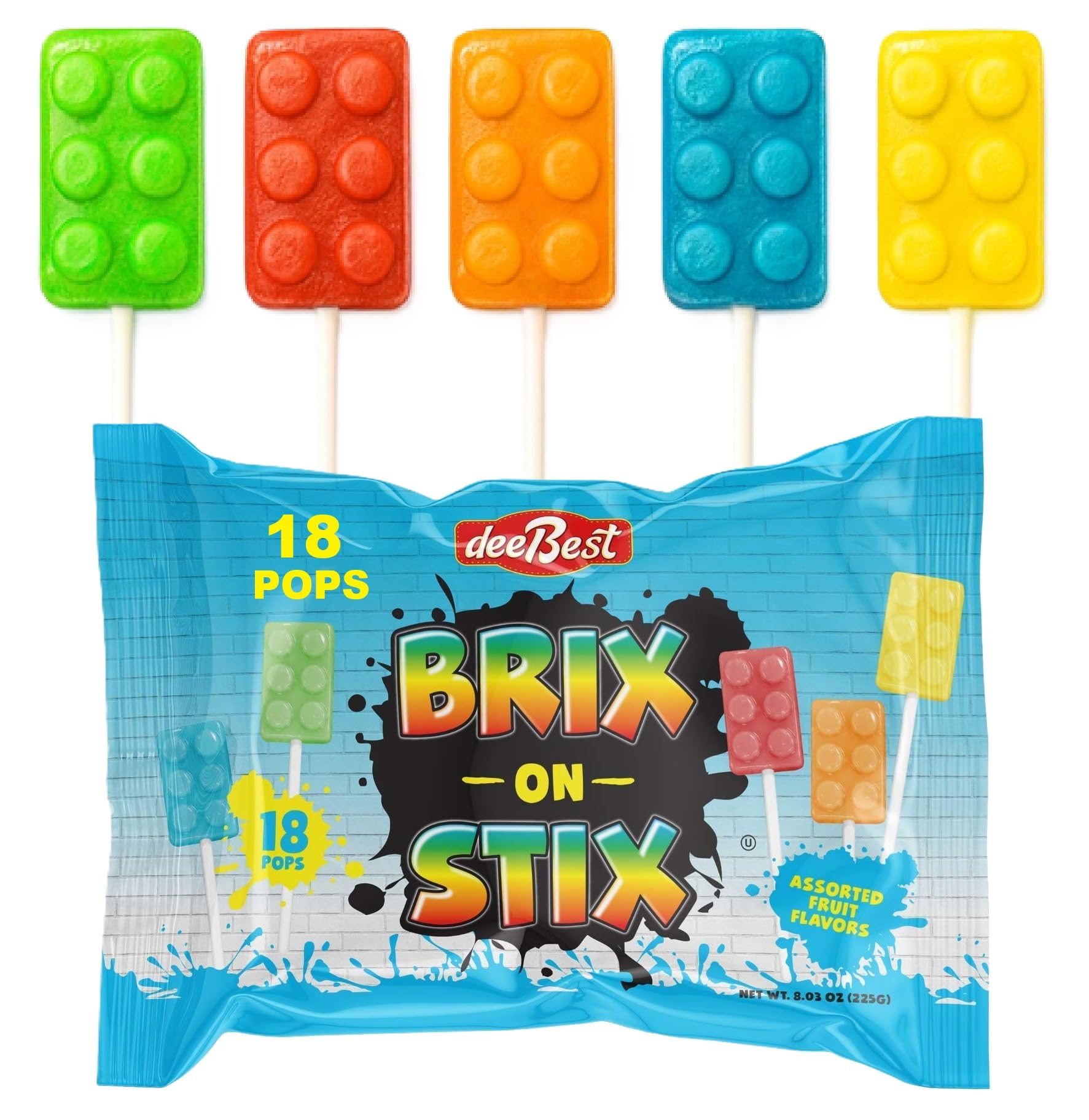Dee Best Brix On Stix | Brick Building Party Lollipop Suckers | Assorted Fruit Flavors Candy | 18 Count | Great for Birthday Parties, Holiday Giveaways, Party Favors, School Treats