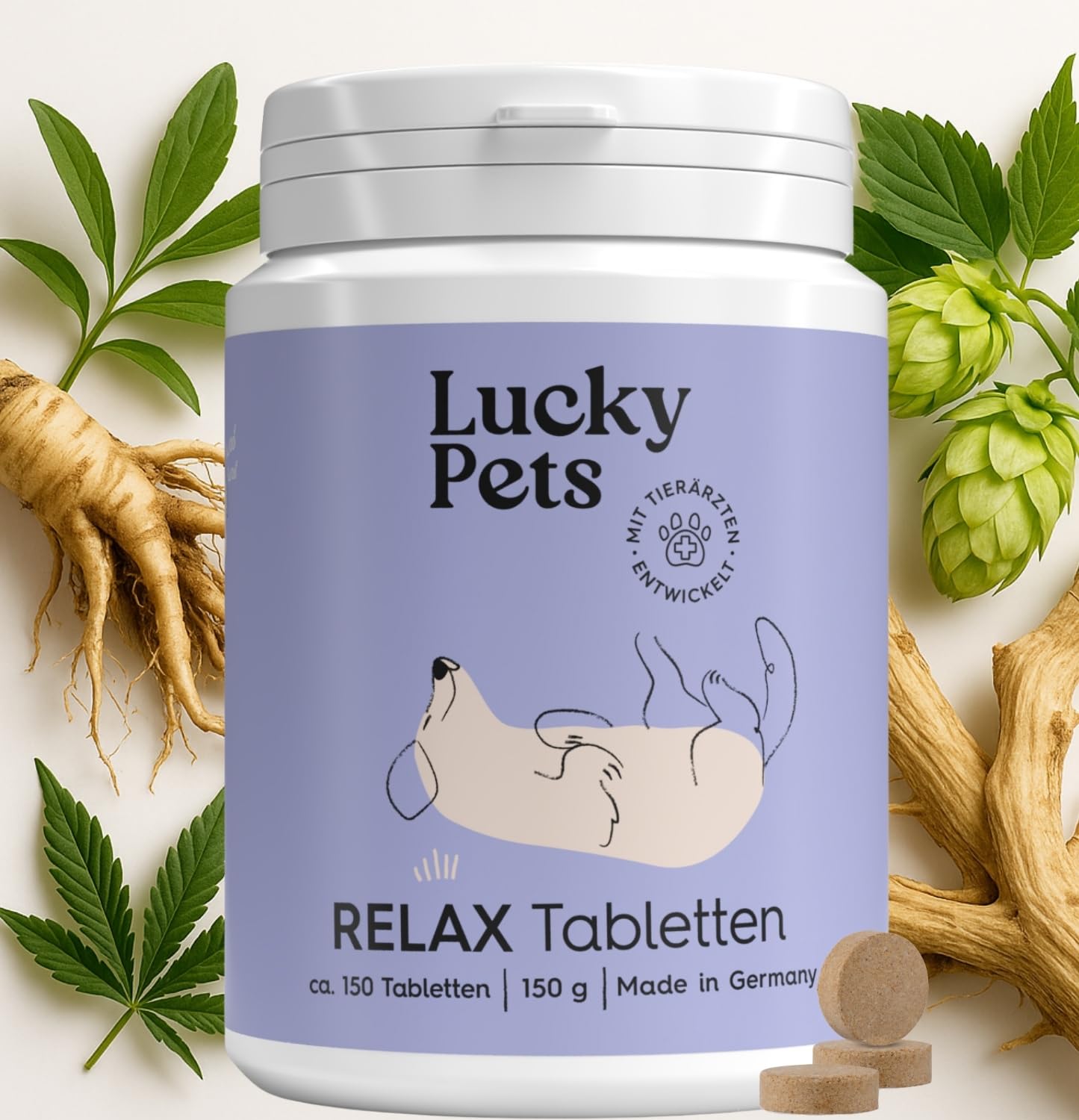 Lucky Pets Beruhigungstabletten für Hunde 150 Stück – Mit L-Tryptophan, Baldrian und Hanfsaat – Für Stress, Angst, Silvester und Reisen – Beruhigungsmittel für Hunde – Made in Germany