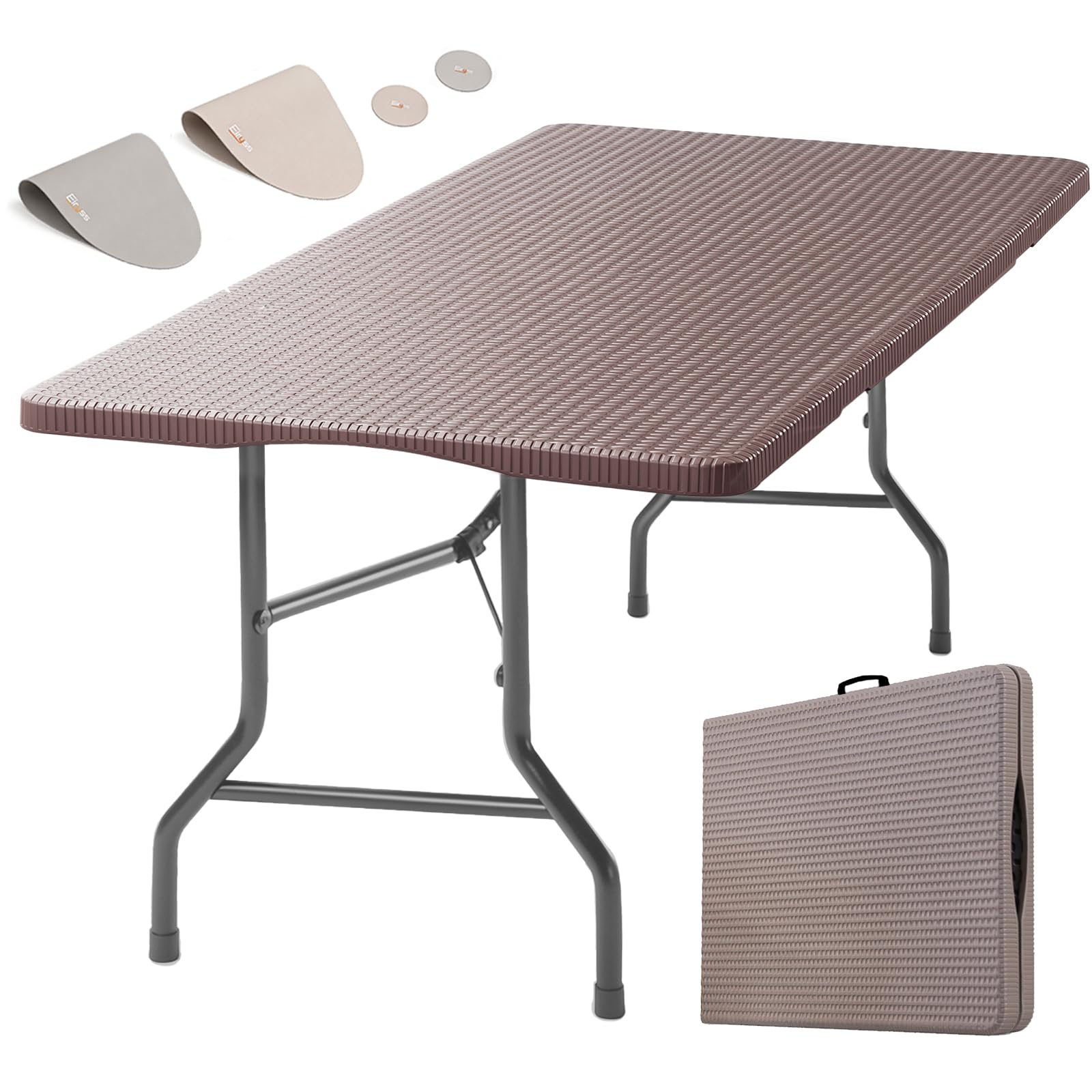 Tavolo Pieghevole 180x70cm per 8 Persone, Marrone, Plastica Effetto Rattan, Ferro, 150 kg